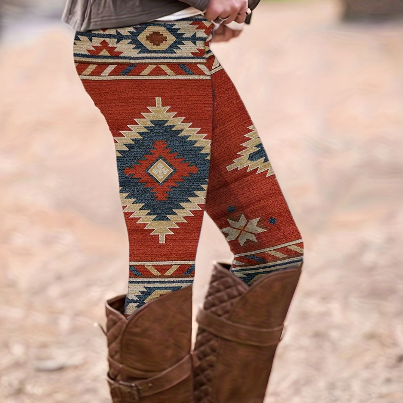 Western Ethnic Print Skinny Leggings Casual Elastic Waist - Temu