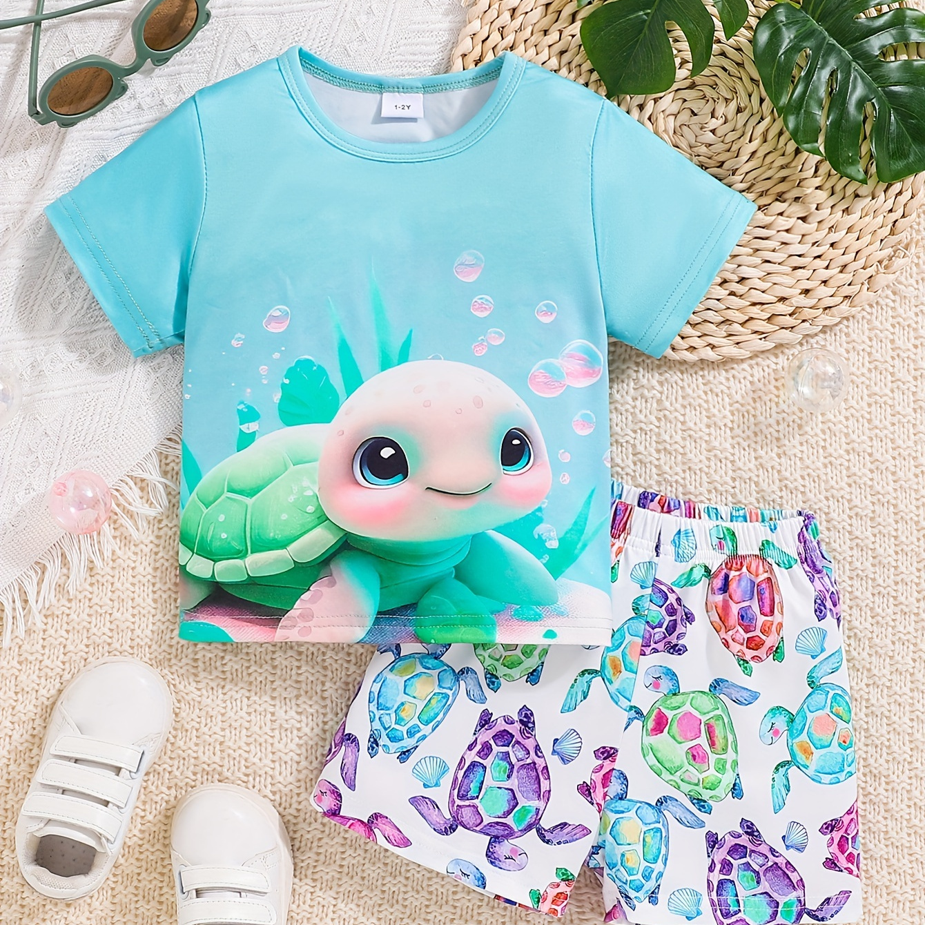 

2pcs, Girls Marine Turtle Print Short Sleeve T-shirt Top + Full Print Shorts Set Fashion Summer Outfit, Gift