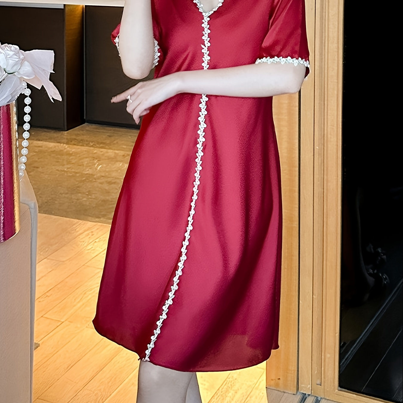 

Women's Elegant V-neck Summer Night Dress, Short Sleeve Solid Color Sleepwear, 100% Polyester, Bow Detail, Straight Skirt Silhouette, Pullover , Lightweight 90gsm For Air-conditioned Rooms