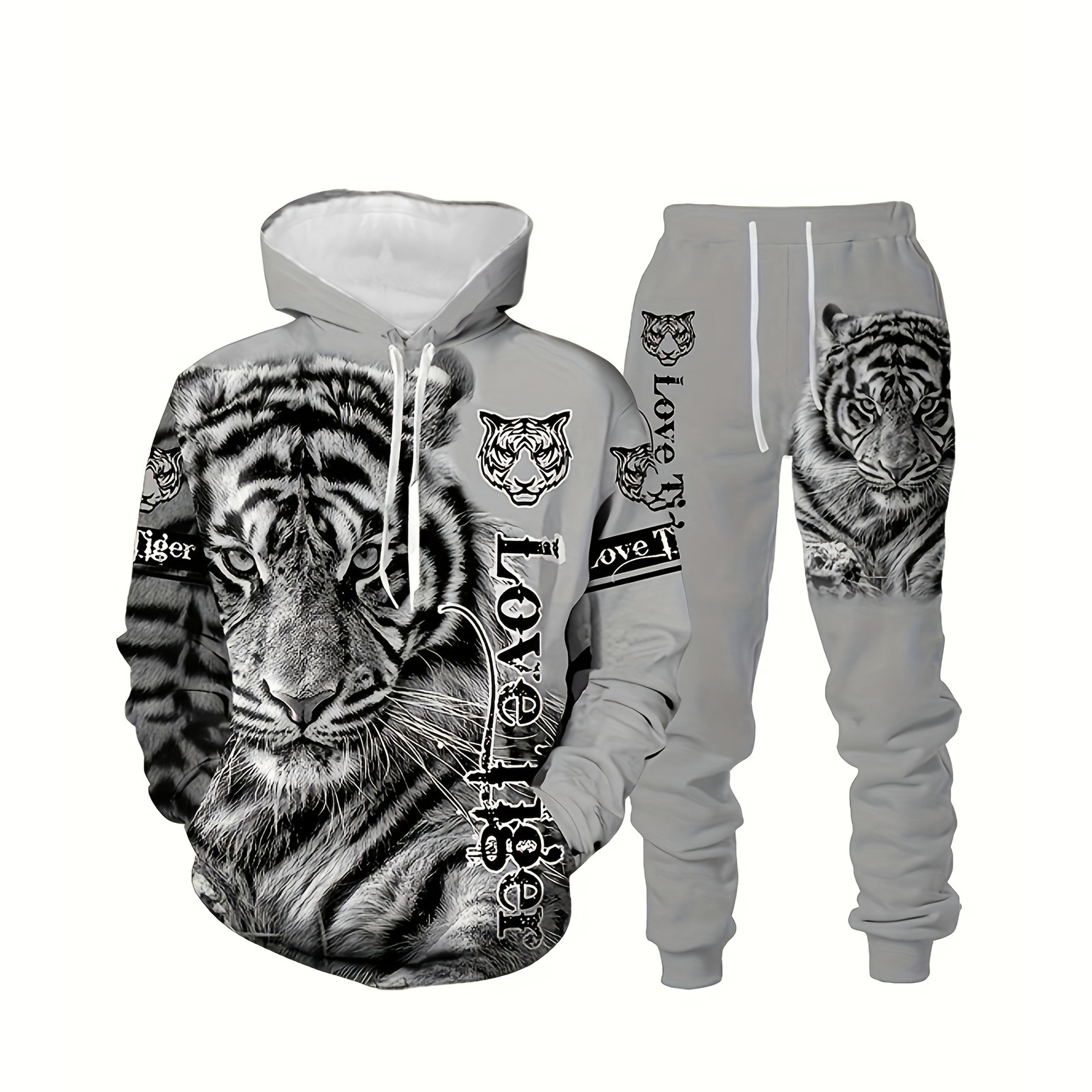 

Men's Tiger Pattern Print Fashion Novelty Pajamas Loungewear Set, Hoodie And Sweatpants Set, Long Sleeve Sweatshirts Jogger Pant 2 Piece Outfits For Men