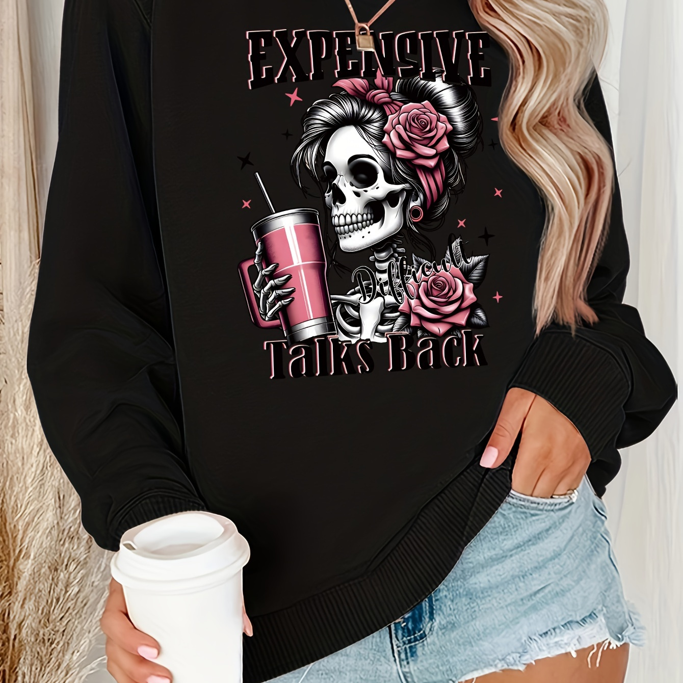 

Skull Print Sweatshirt, Crew Neck Casual Sweatshirt For Winter & Fall, Women's Clothing