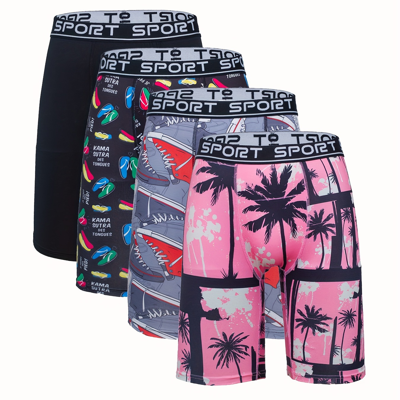 

4pcs Men's Digital Print Fashion Novelty Long Boxer Briefs Shorts, Breathable Comfy Slightly Stretch Boxer Trunks, Swim Trunks For Beach Pool, Sports Shorts, Multicolor Set