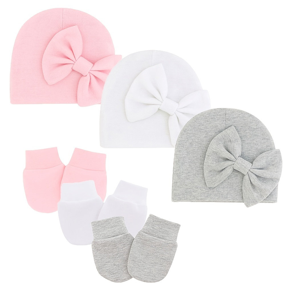 

3sets Baby Boys And Girls Cute Bow Cap & Mittens Gloves Set For Autumn And Spring