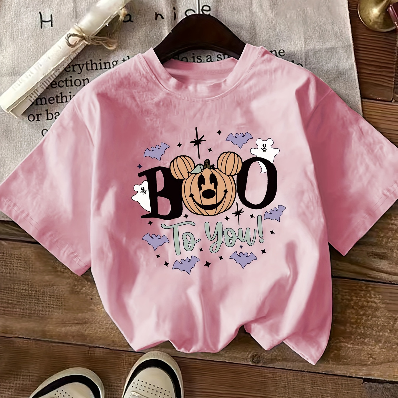 

Women's Casual Round Neck T-shirt, Polyester, "boo To You" Letter Print, Short Sleeve, Regular Fit, Fashion Top For