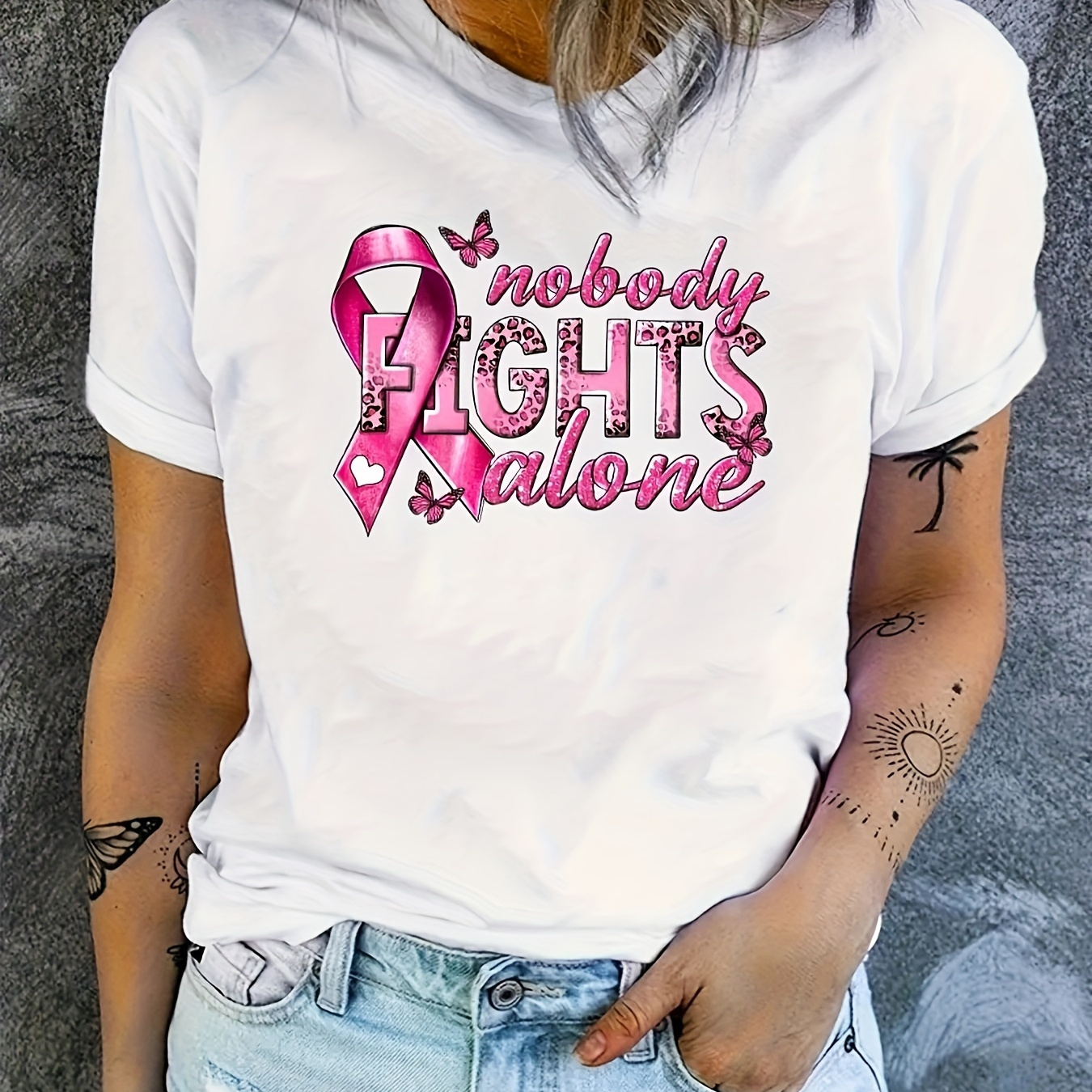 

Anti Breast Cancer Print T-shirt, Casual Crew Neck Short Sleeve Top, Women's Clothing