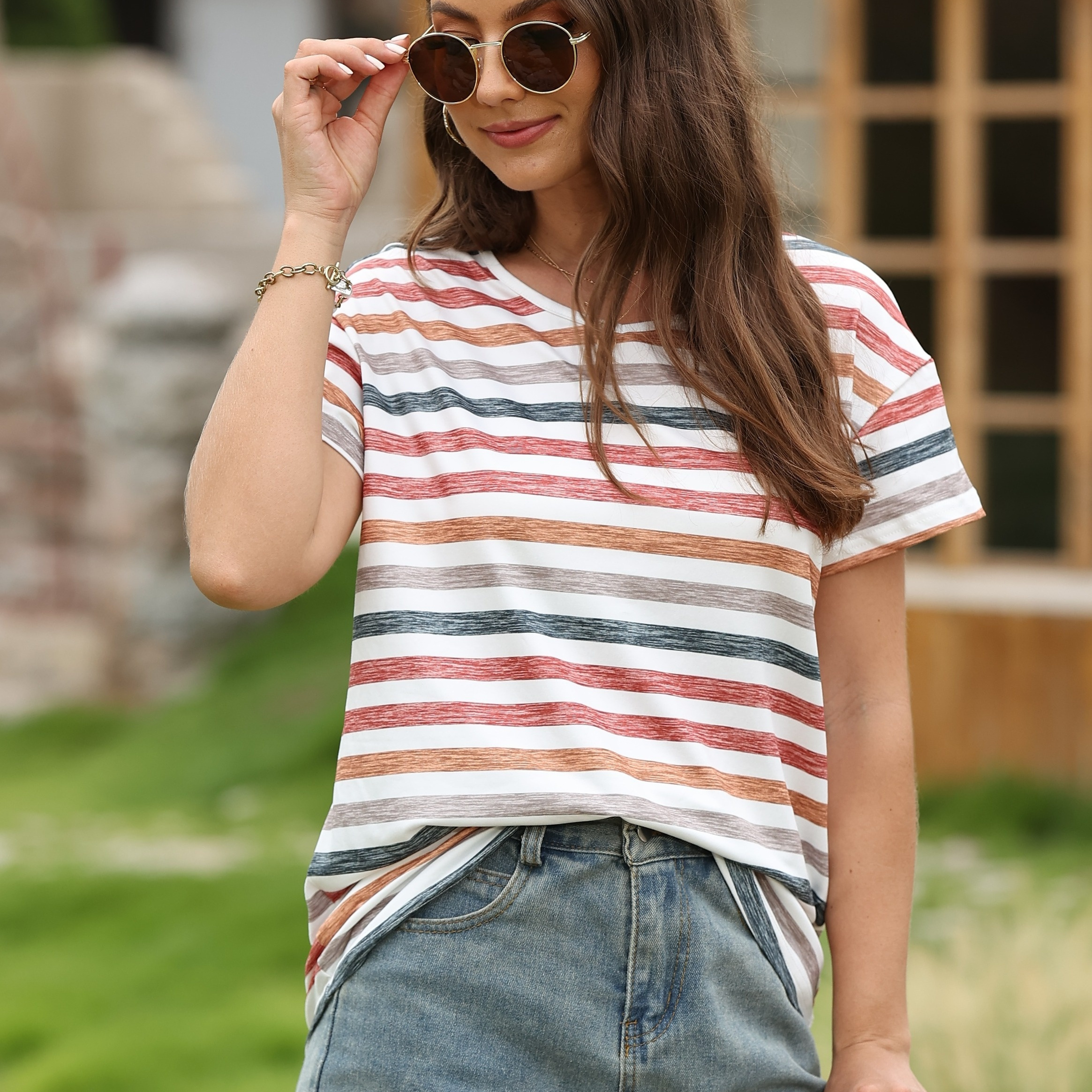 

Striped Print T-shirt, Casual V-neck Short Sleeve T-shirt For Spring & Summer, Women's Clothing