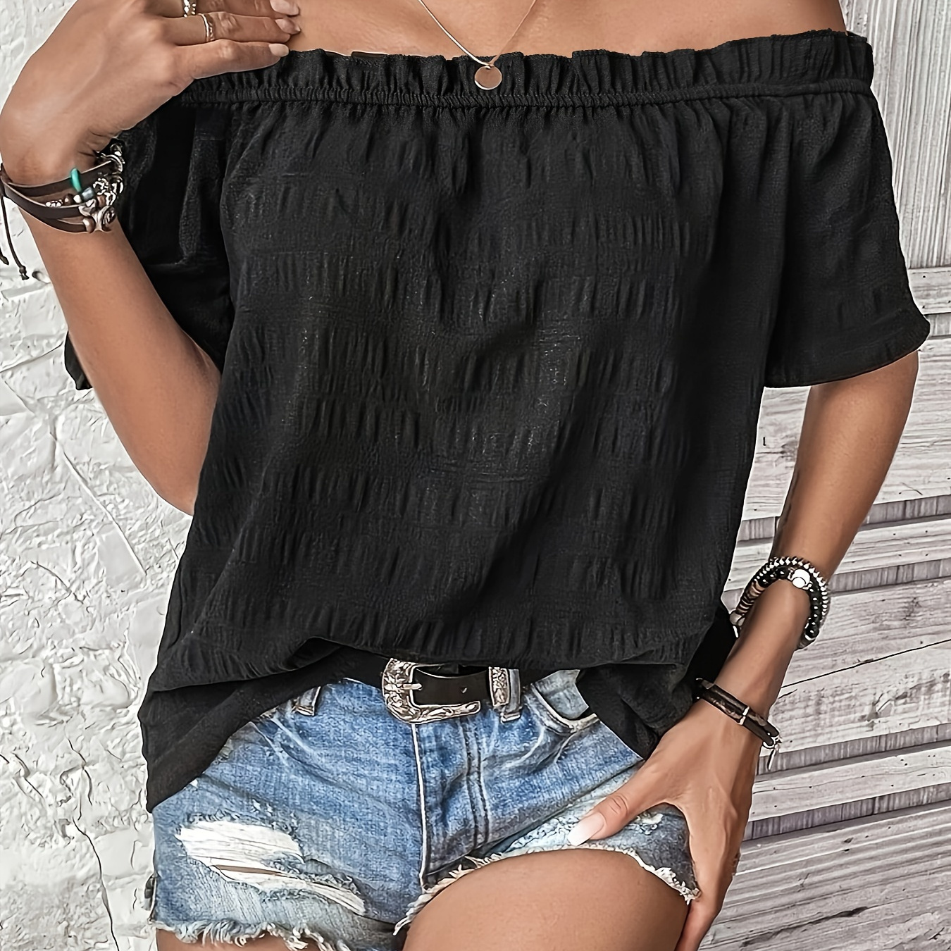 

Solid Color Textured Off Shoulder Blouse, Casual Short Sleeve Loose Blouse, Women's Clothing