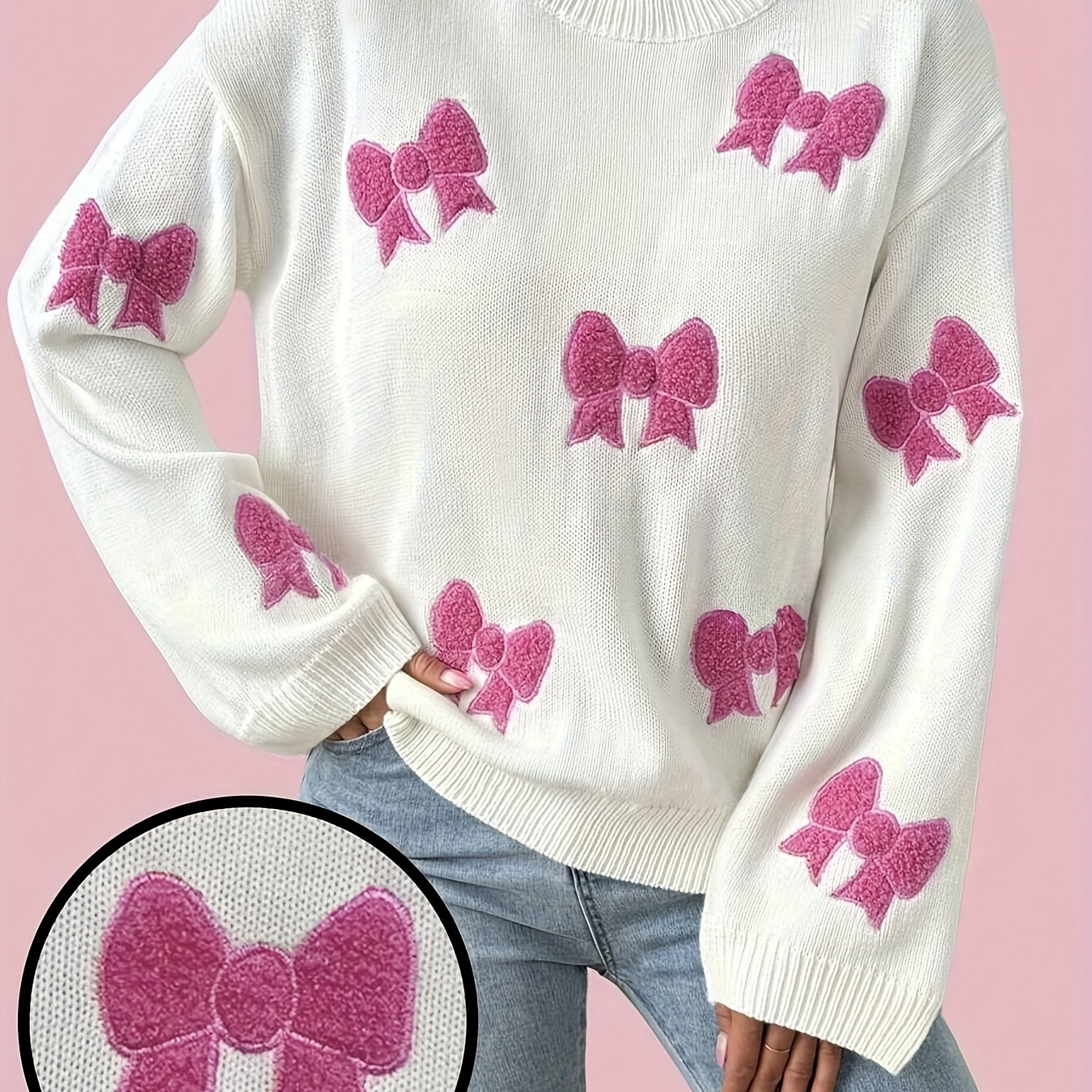 

1pc Elegant Polyester Knit Sweater For Women With Pattern, Round Neck, Pullover - Style Sc081447