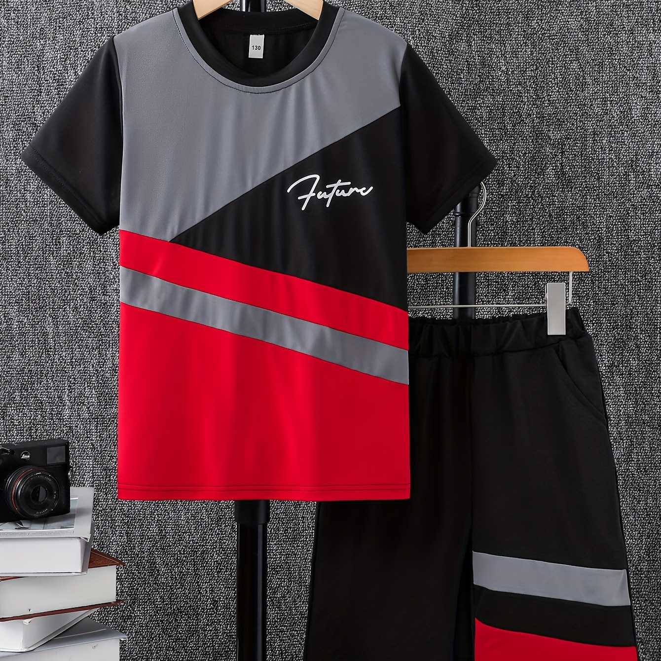 

Boy's 2-piece Casual Co Ord Set, Color Block Future Letter Pattern Short Sleeve Tee And Shorts, Suitable For Summer Daily And Holiday