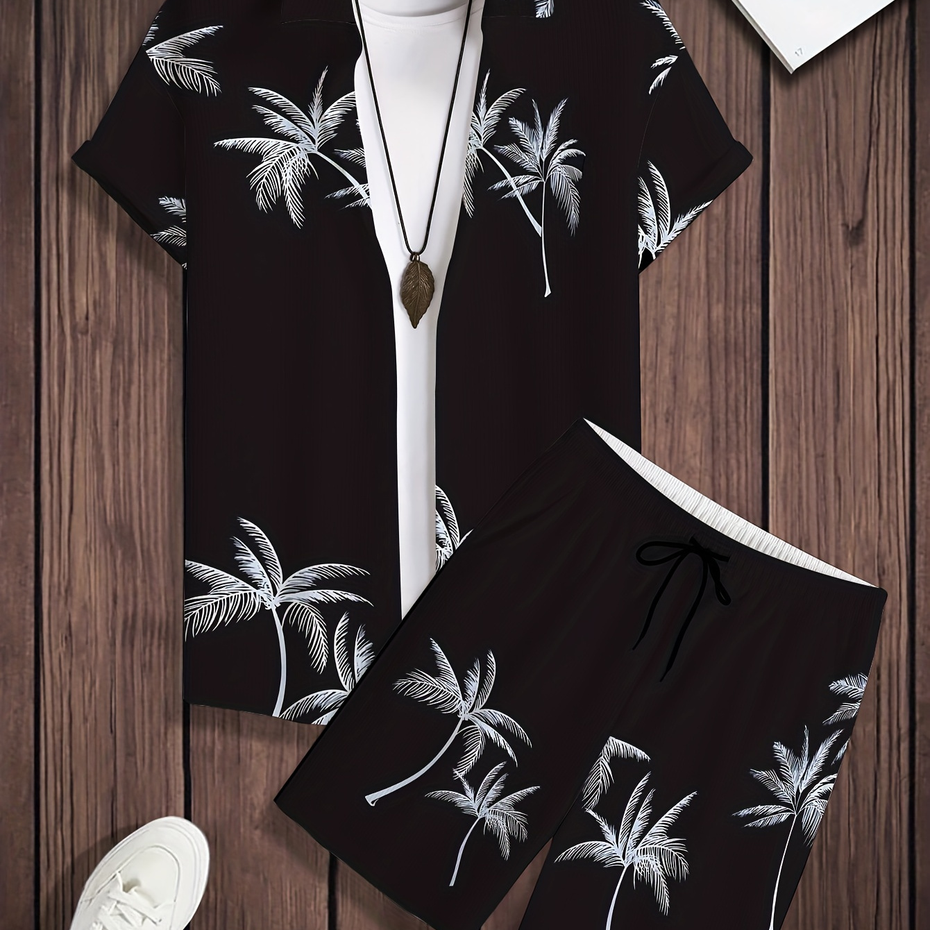

Men's Coconut Trees Print Shirt & Shorts Set, Trendy Casual 2pcs Outfits For Big & Tall Males, Men's Clothing, Plus Size