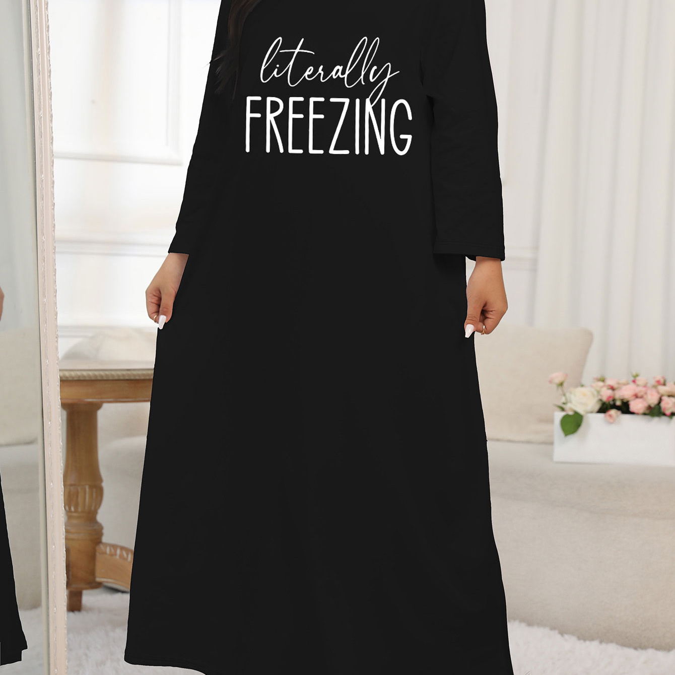 

Plus Size Casual Loungewear Dress, Women's Plus Letter Print Long Sleeve Round Neck Sleep Dress