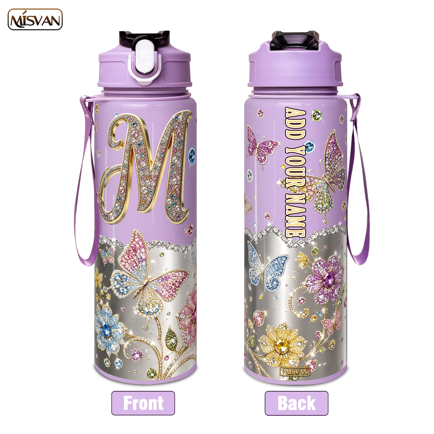 TEMU 1pc Customizable Name, Rhinestone Butterflies And Flowers. 750ml/25oz Portable Letter Pattern Water Bottle, Leakproof Lid, Safety Lock And