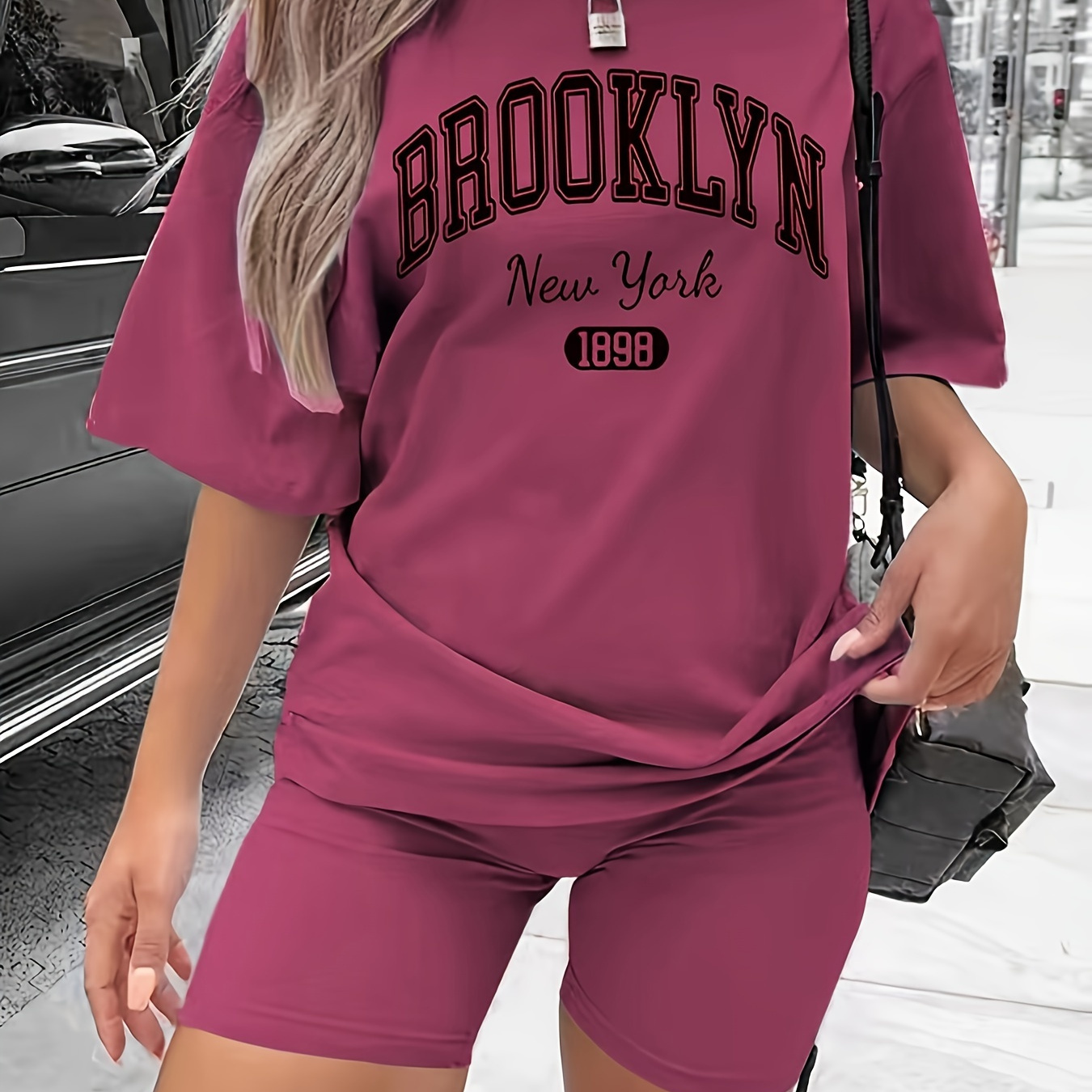 

Brooklyn Print Casual 2 Piece Set, Crew Neck Short Sleeve T-shirt & Skinny Shorts Outfits, Women's Clothing