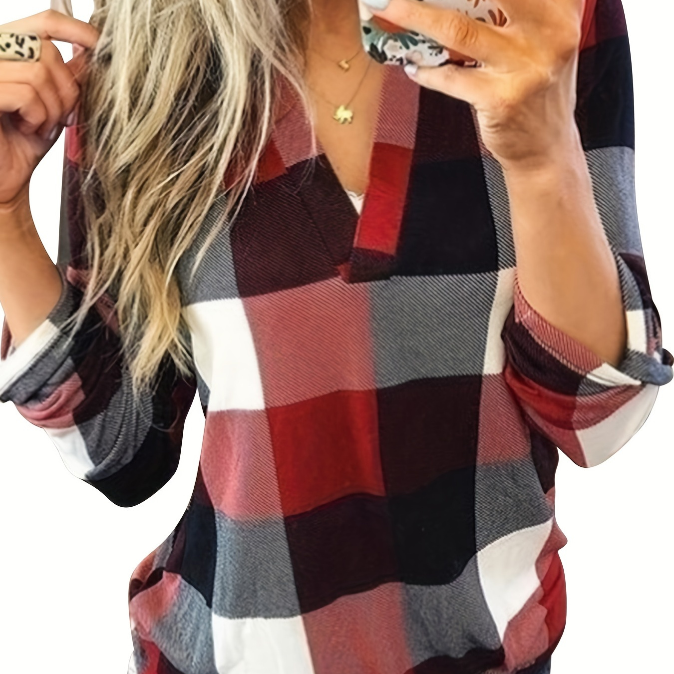 

Plaid V Neck Blouse, Casual Long Sleeve Blouse For Spring & Fall, Women's Clothing