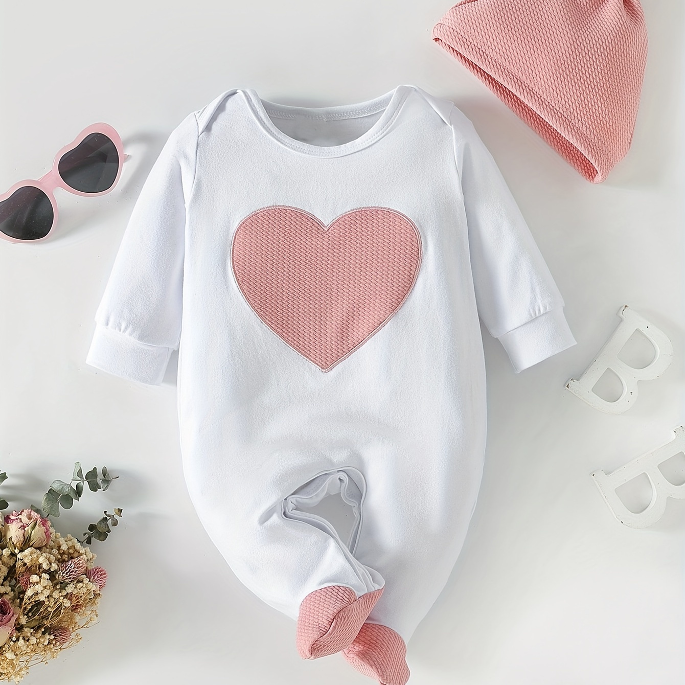 

Baby's Cartoon Heart Embroidered Cotton Footed Bodysuit, Casual Comfy Long Sleeve Romper, Toddler & Infant Girl's Onesie For Fall Spring, As Gift