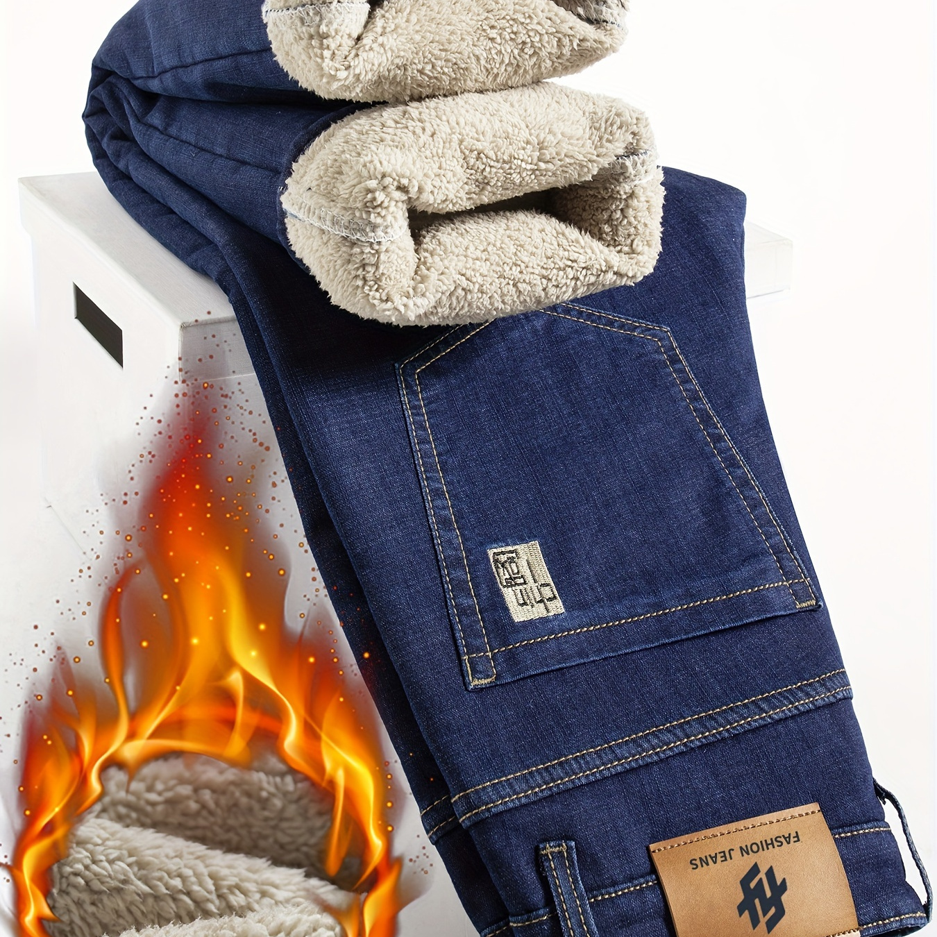 

Pantalon en denim solide pour hommes avec poches, jean chaud en coton mélangé pour les activités de en hiver