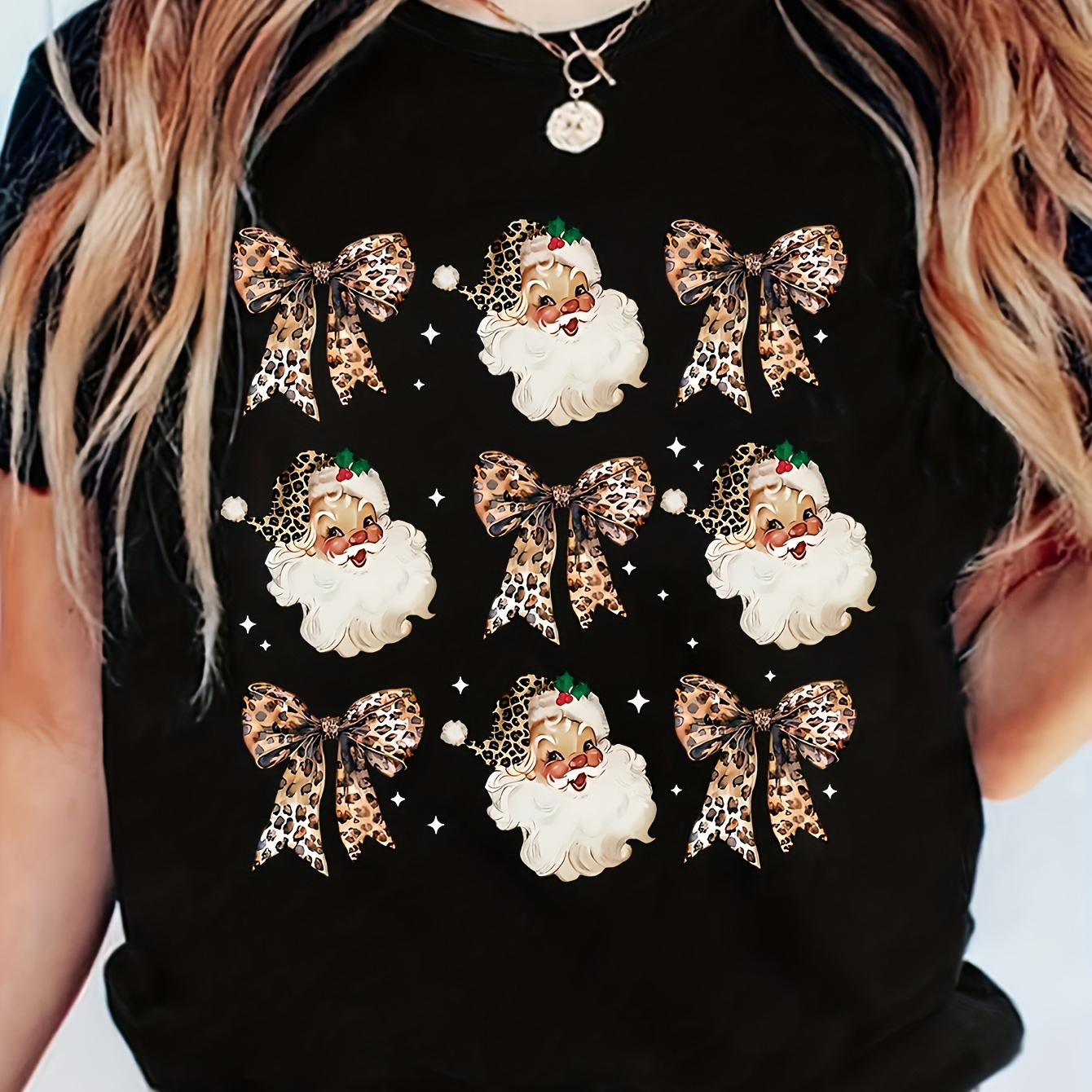

1pc Christmas Santa Print T-shirt, Women's Casual Crew Neck Short Sleeve Top, 100% Polyester Knit Fabric With Slight Stretch, Holiday Graphic Tee