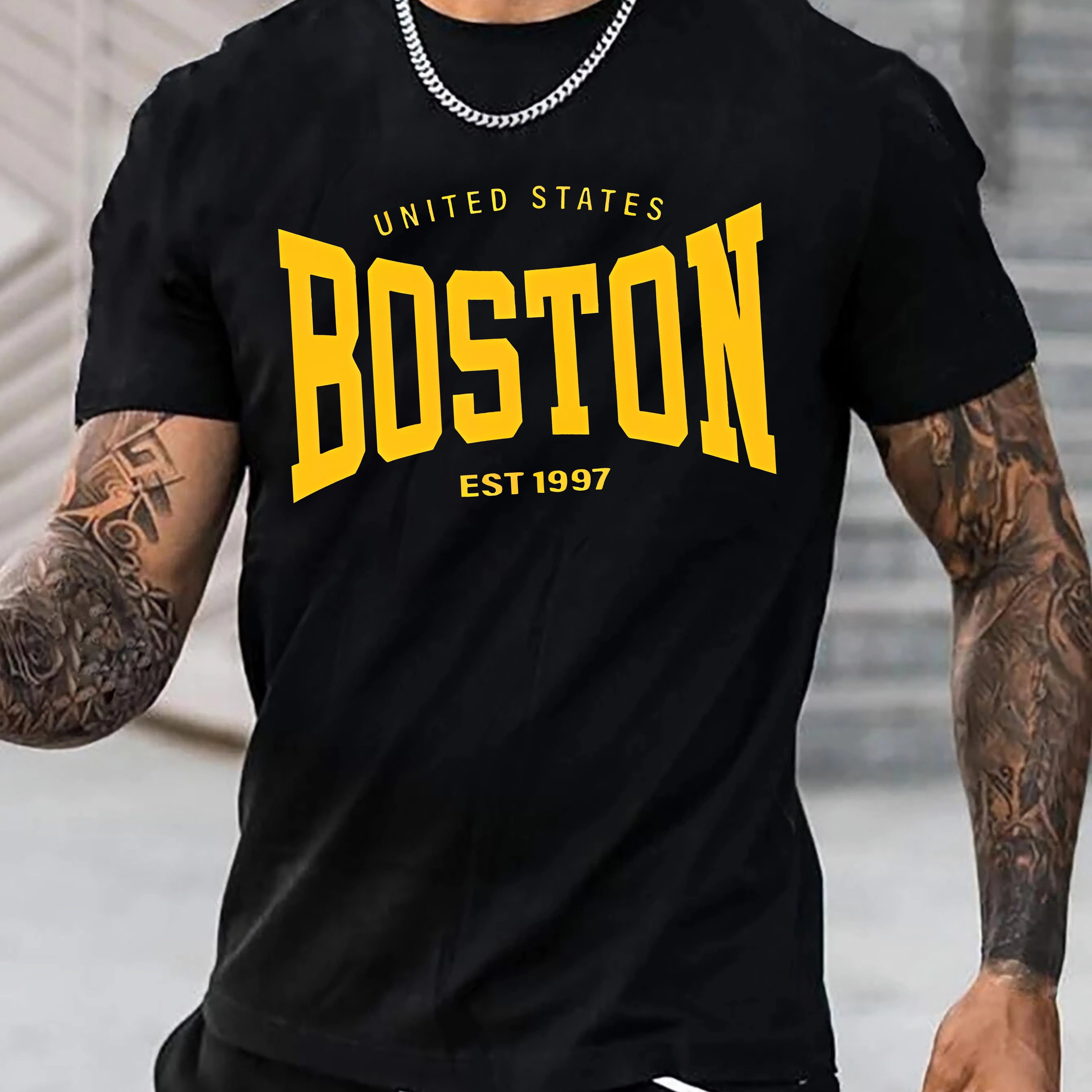 

'boston' Print Tee Shirt, Tee For Men, Casual Short Sleeve T-shirt For Summer Spring Fall, Tops As Gifts