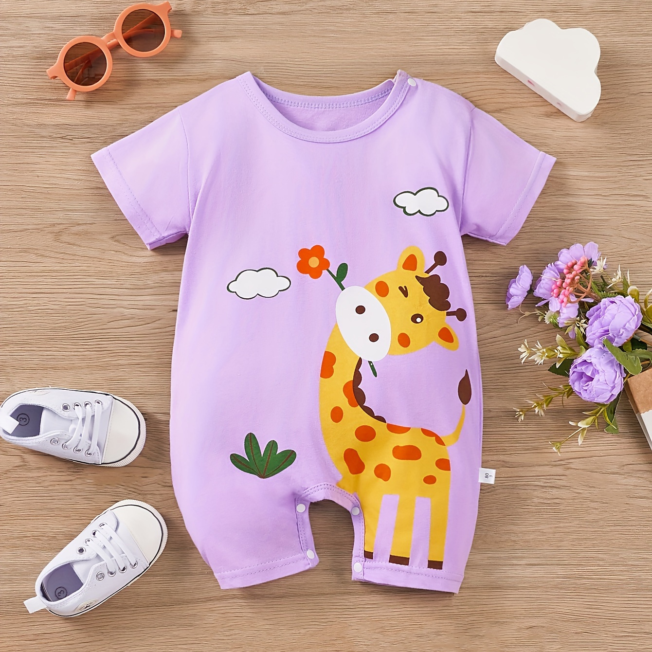 

Infant's Cartoon Giraffe & Cloud Print Bodysuit, Casual Short Sleeve Onesie, Baby Girl's Clothing