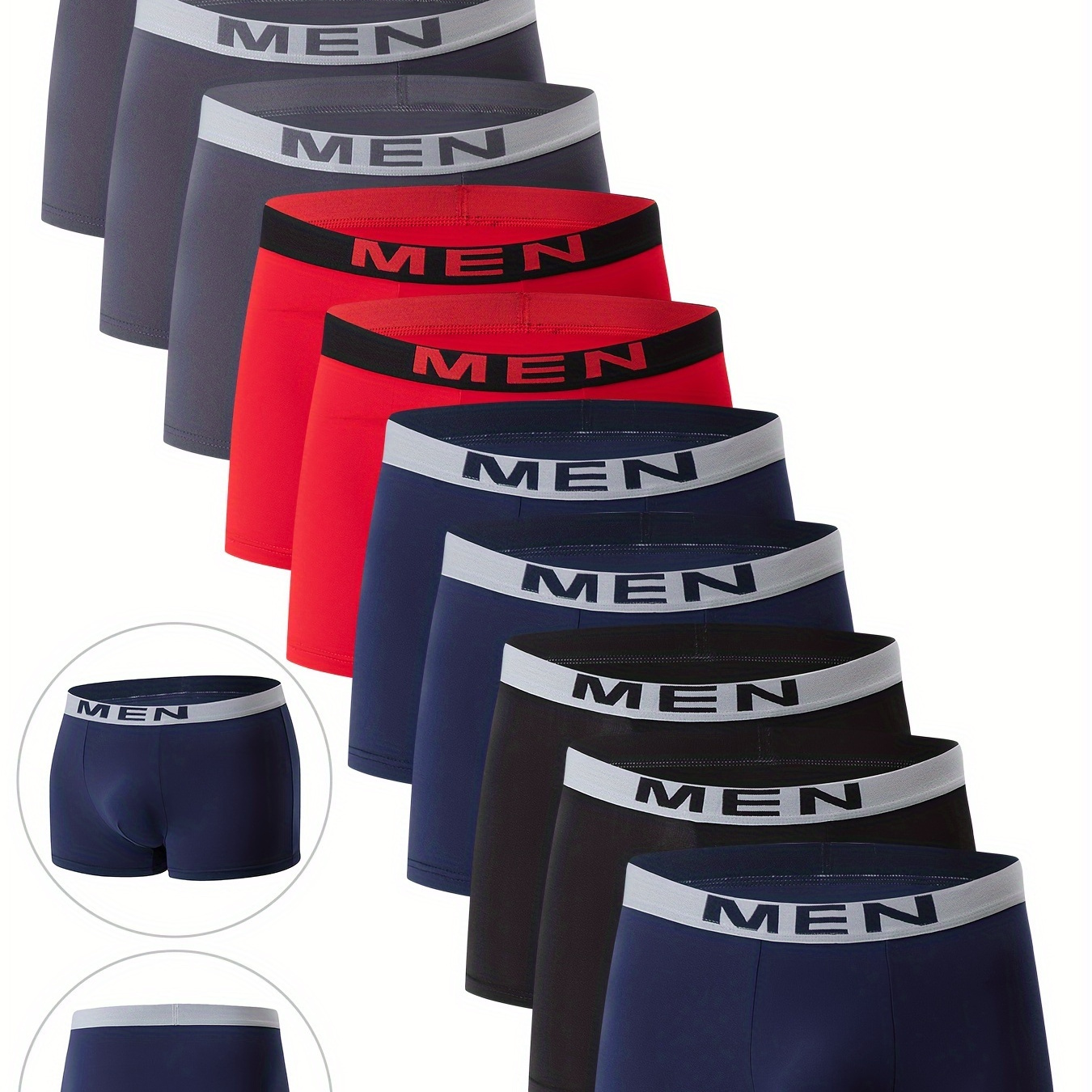 

10-pack Men's Boxer Briefs, 96% Polyester 4% Elastane, Solid Color, Fit, Knit Fabric, Stretch, Casual Athletic Shorts