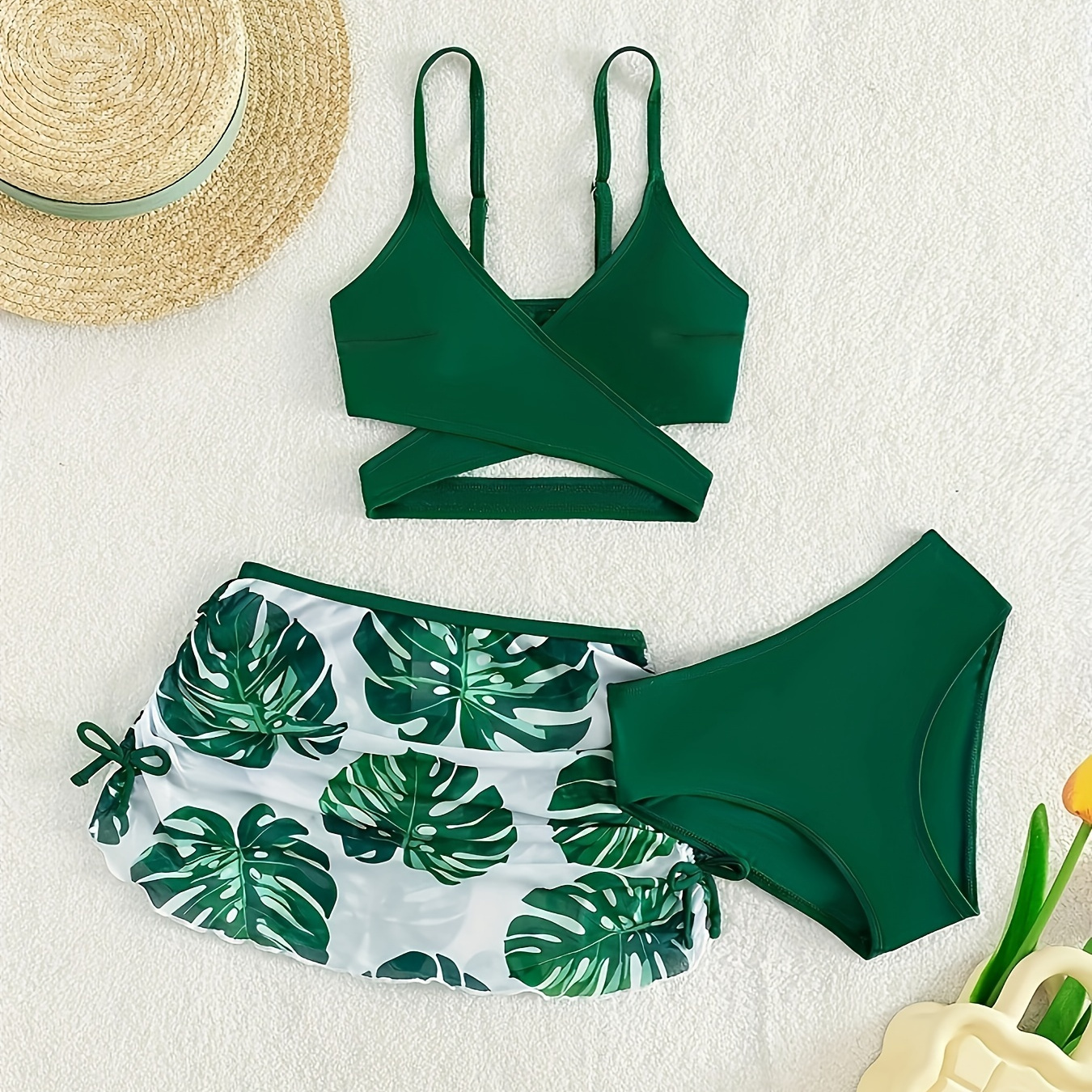 

Women's Vacay Swimwear Set, Leaf Print High Cut Bikini With Cross Strap Top & Cover Up Skirt, Summer Beachwear