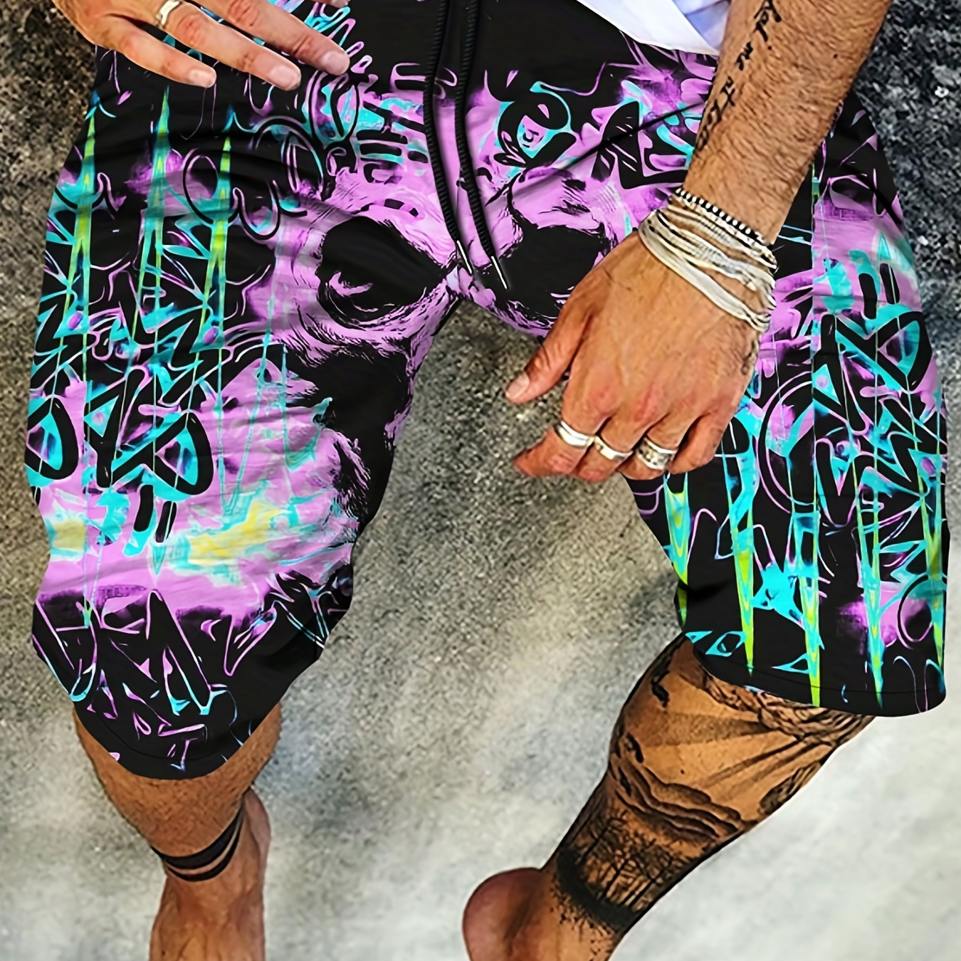 Men's 3D Graffiti Graphic Print Beach Shorts For Summer, Oversized Fashion Vacation Shorts For Males, Plus Size