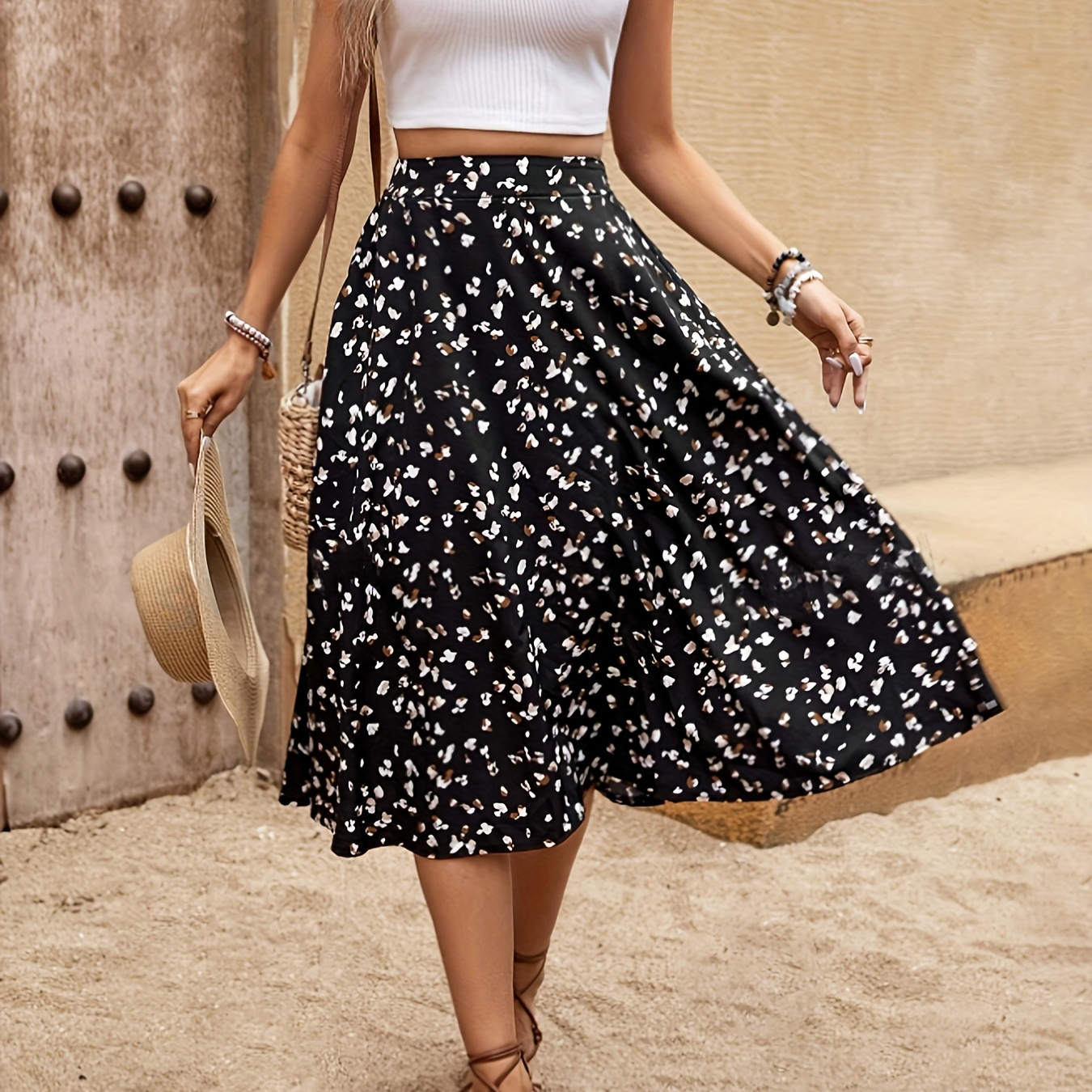 

Allover Print Dual Pockets Skirt, Elegant High Waist Skirt For Spring & Summer, Women's Clothing