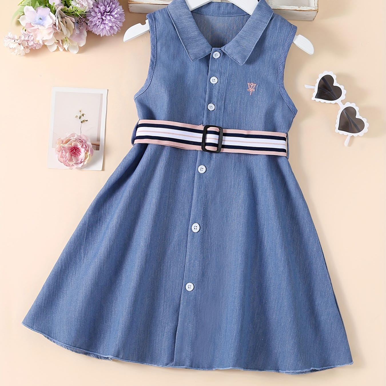 

Sweet Flower Embroidery Belted Sleeveless Dress, Elegant Dresses For Girls Summer Party Gift