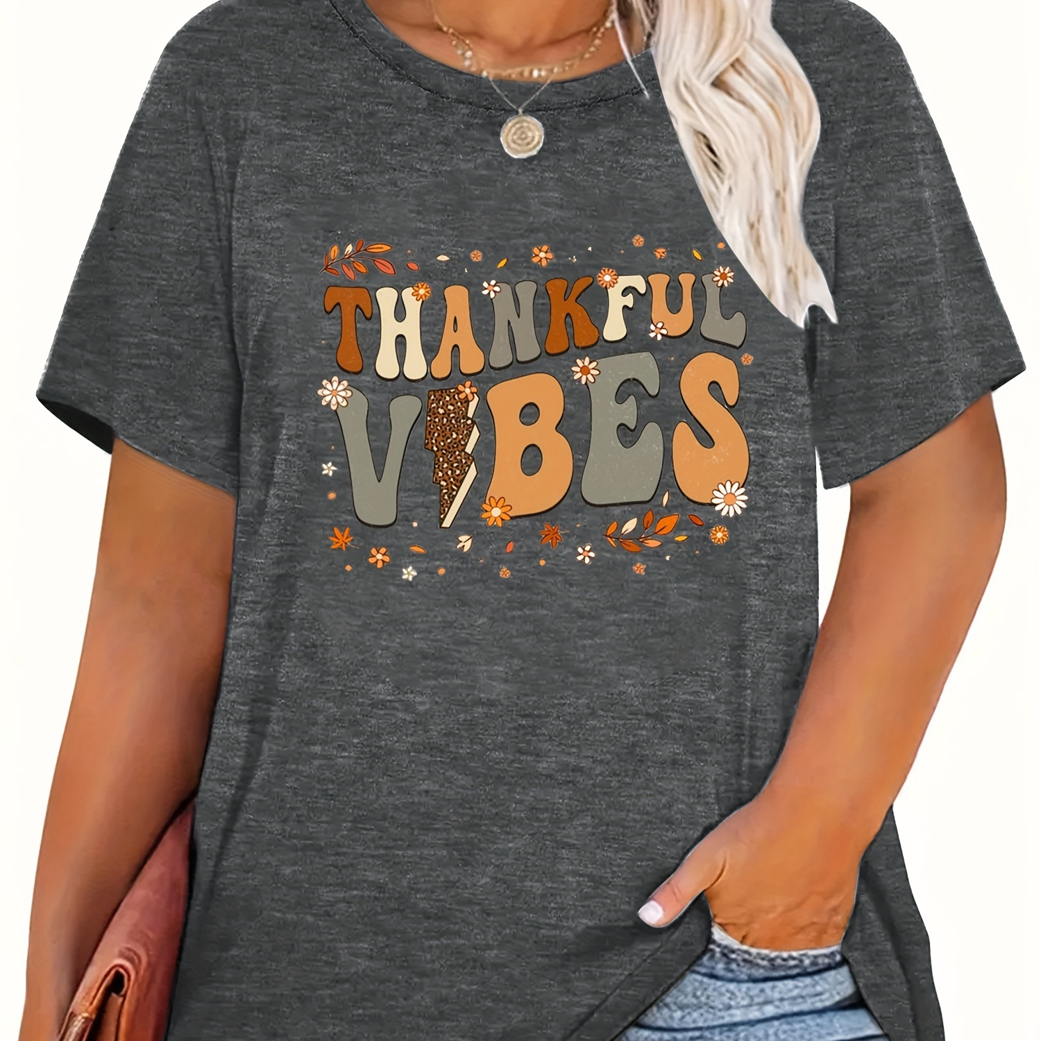 

Plus Size Thanksgiving Theme Print T-shirt, Casual Short Sleeve Crew Neck Top, Women's Plus Size Clothing