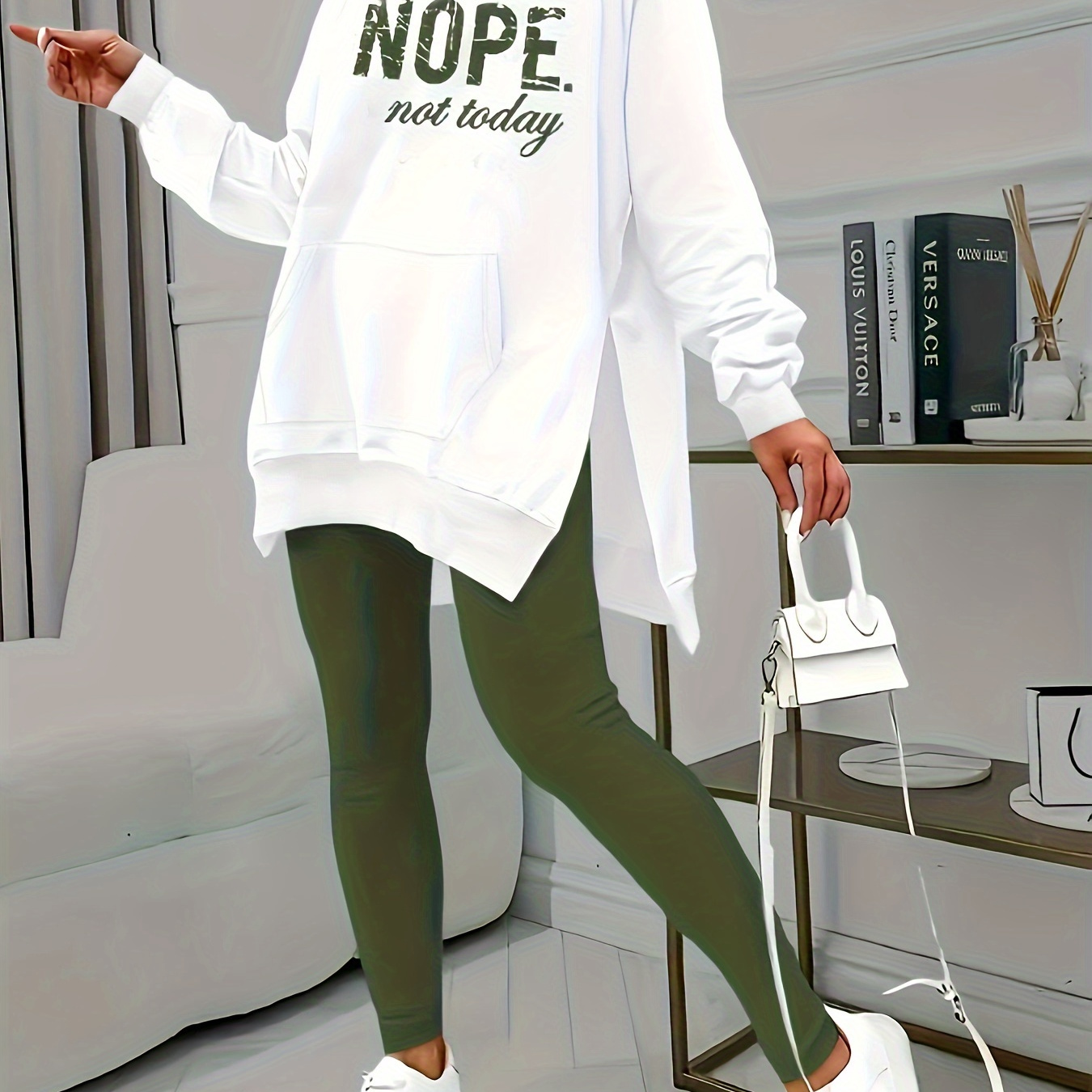 

Plus Size Sporty Sweatshirt, Women's Plus Camo Slogan Print Long Sleeve Oversized Split Hoodie With Kangaroo Pockets