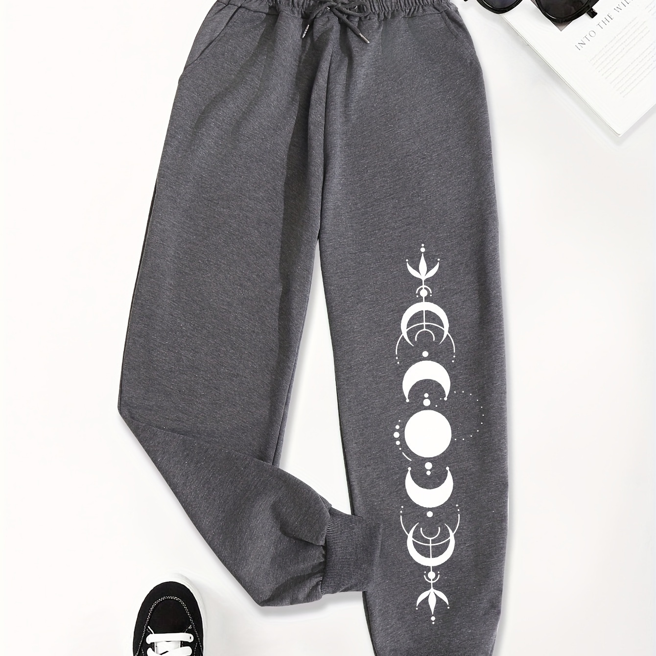 

Moon Print Fitted Bottom Joggers, Casual Drawstring Waist Flap Pockets Sporty Pants For Spring & Summer, Women's Clothing
