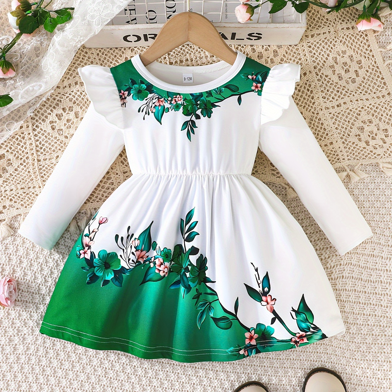 

Toddler Floral Vine Print Long Sleeve Casual Dress - Polyester Blend With Elastane, Slight Stretch, Knit, Spring/fall Playwear