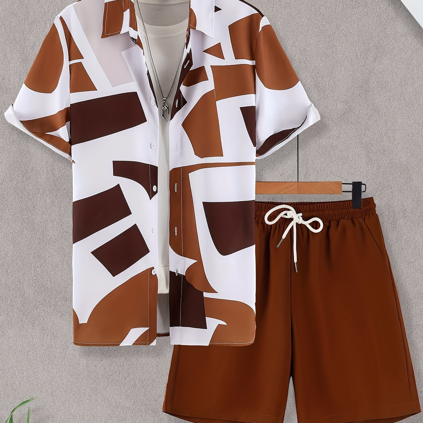 

Men's 2-pack Co Ord Set Of Casual Outfits, Color Block Short Sleeve Button Up Lapel Shirt & Solid Drawstring Shorts, Summer Fashion For Casual And Daily Outerwear
