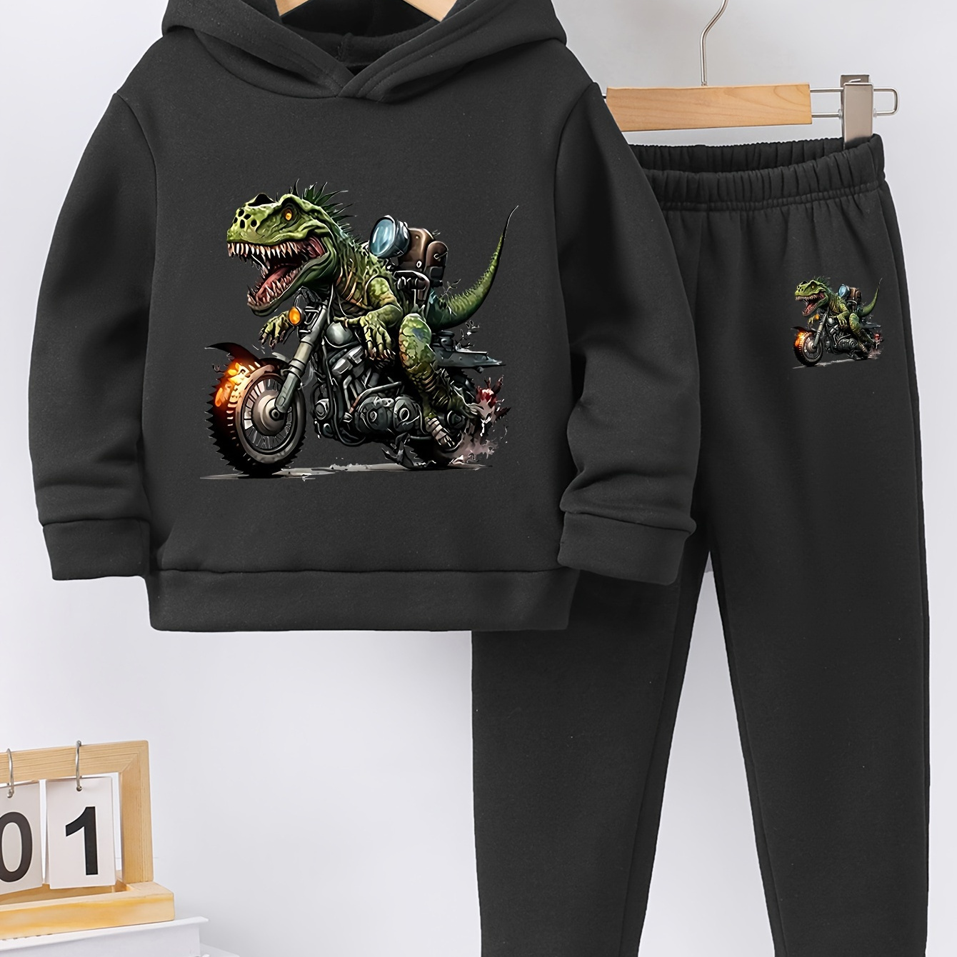 

Anime Style Crazy Dinosaur With Motorcycle Print Boy's 2pcs Comfy Hooded Sweatshirt & Simple Trousers Set, Perfect For Fall & Winter Everyday Life