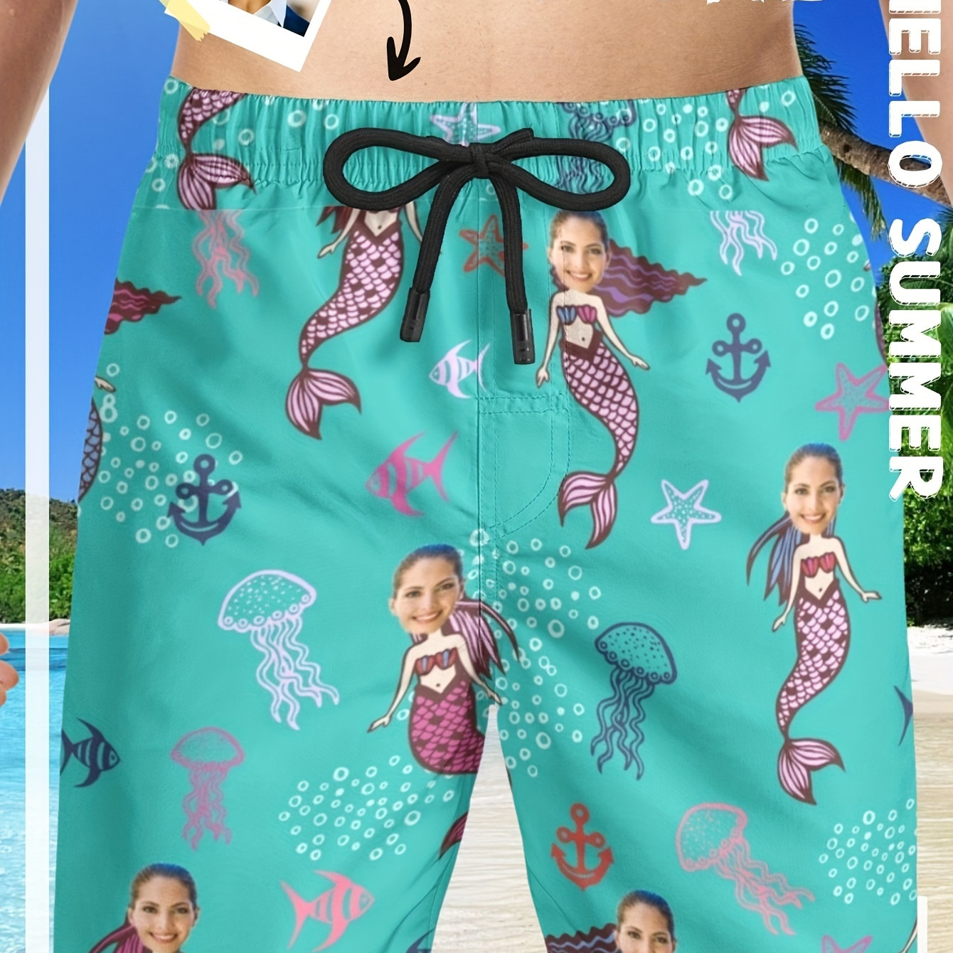 

Men's Customized Portrait Photo Print, Mermaid And Marine Animals Pattern Shorts With Drawstring, Casual And Chic Shorts For Summer Beach Vacation And Leisurewear