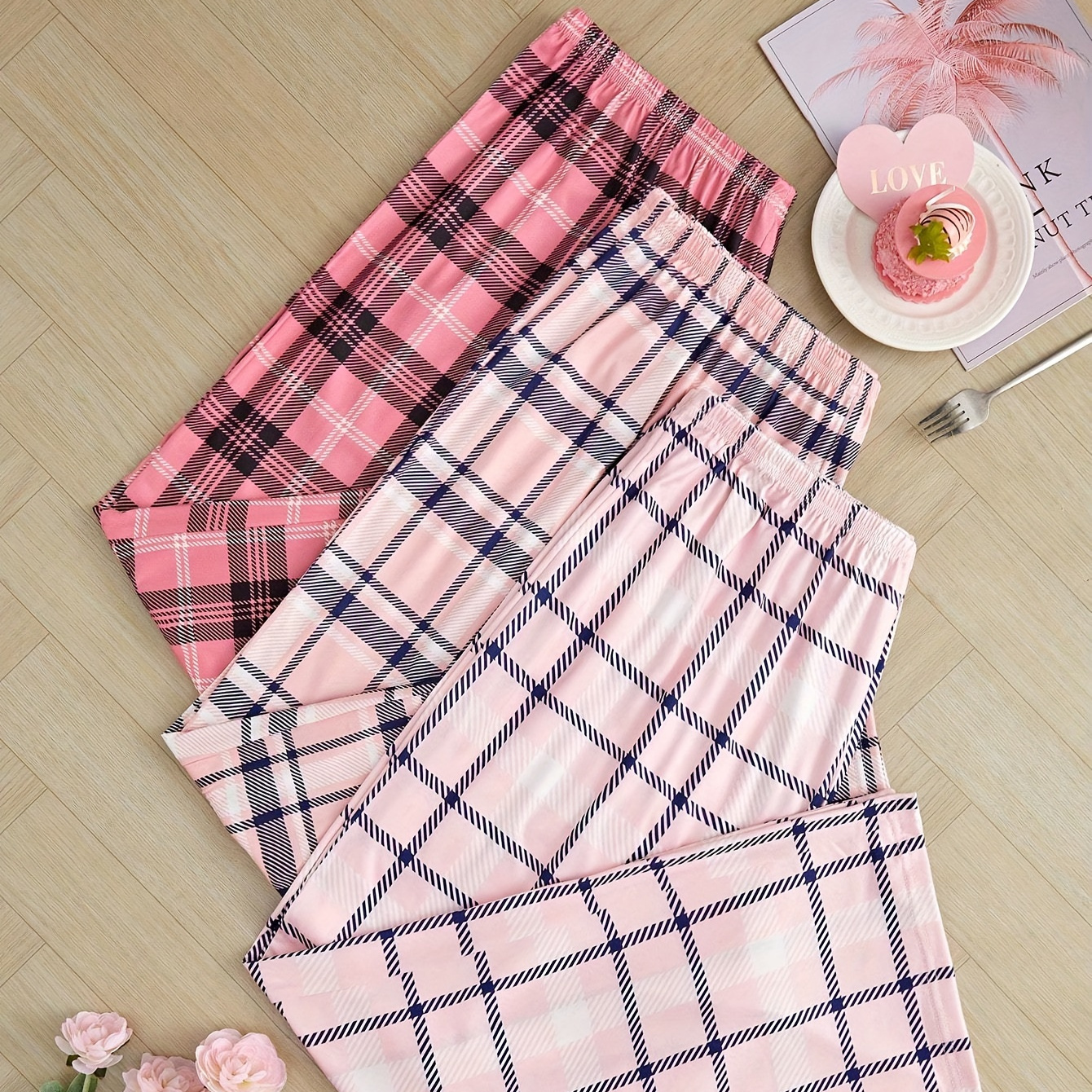 

3pcs Women's Plus Casual Lounge Pants, Plus Size Plaid Print Elastic Waistband Medium Stretch Home Wear Trousers