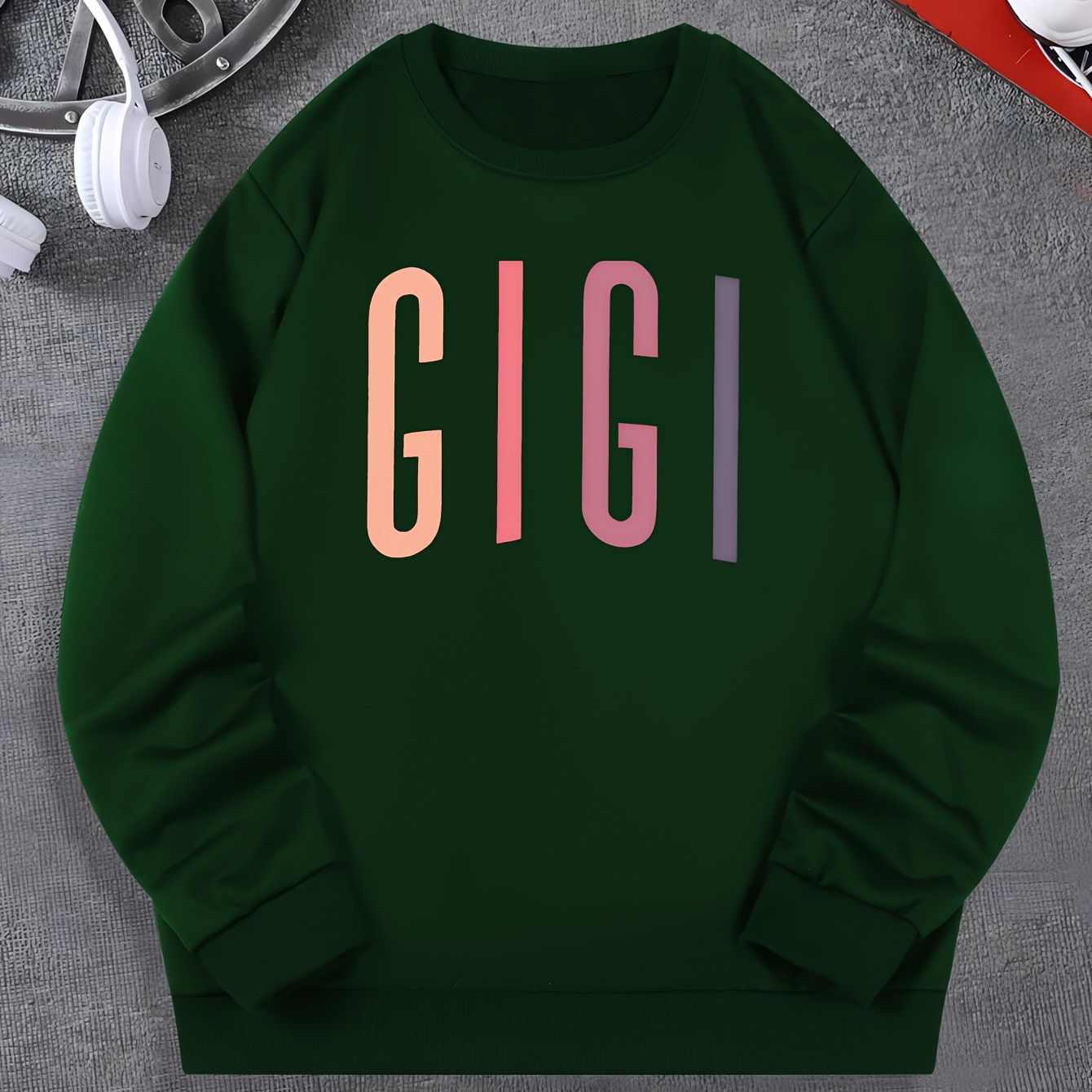 

Gigi Print Fashionable Men's Casual Long Sleeve Crew Neck Pullover Sweatshirt, Suitable For Outdoor Sports, For Autumn Spring, Can Be Paired With Hip-hop Necklace, As Gifts