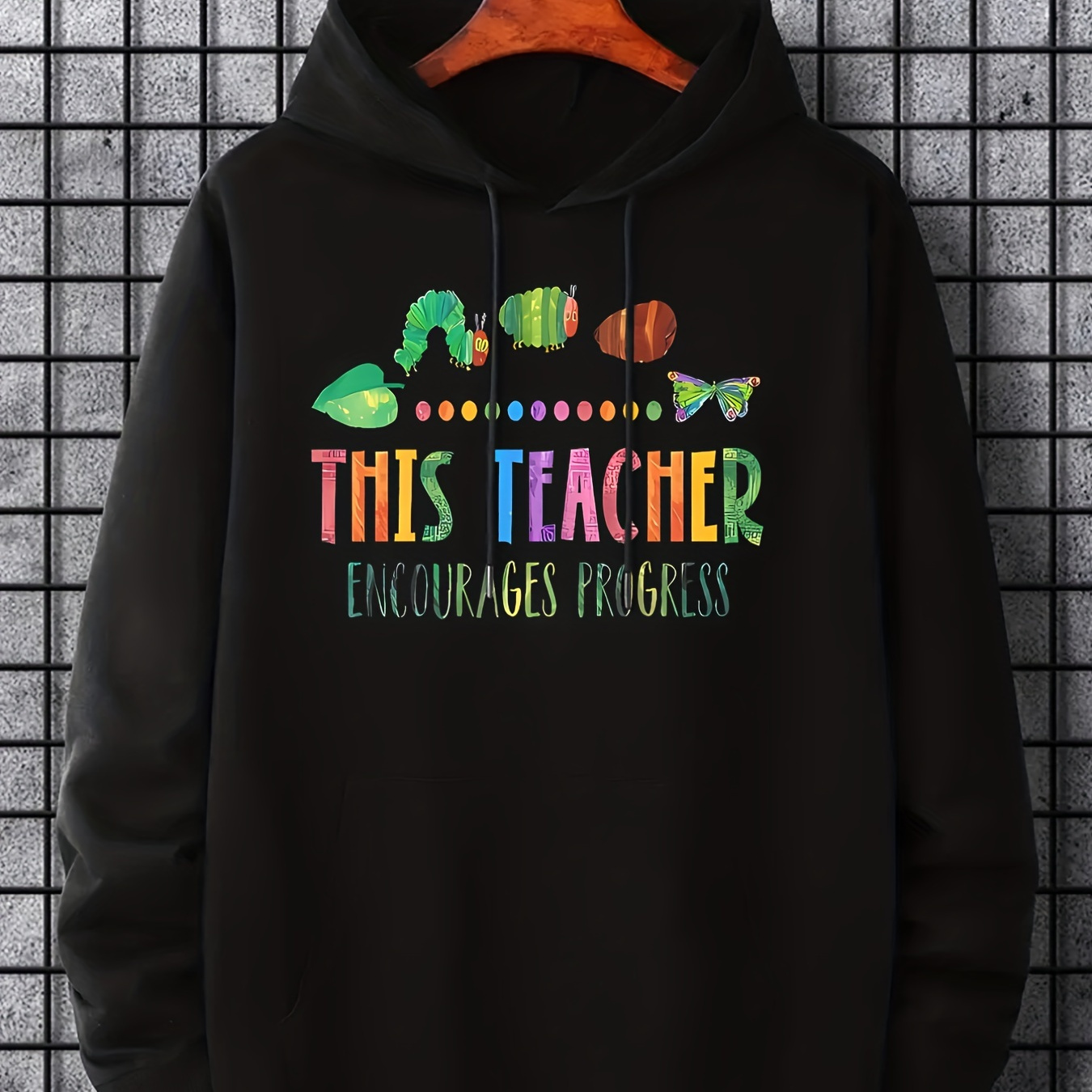 

This Teacher & Caterpillar To Butterfly Print Hoodie, Hoodies For Men, Men’s Casual Graphic Design Pullover Hooded Sweatshirt With Kangaroo Pocket For Spring Fall, As Teacher's Day Gifts