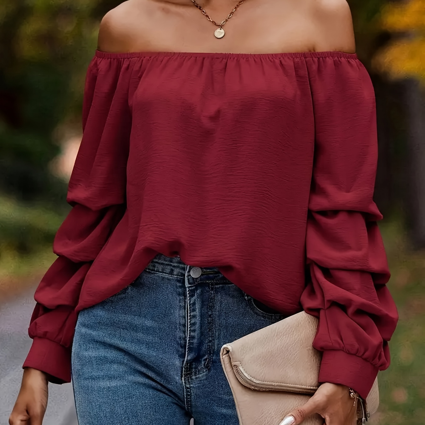

1pc Elegant Off-shoulder Solid , Women's Long Sleeve Blouse, Polyester 95% Spandex 5%, Spring/fall Fashion Tops