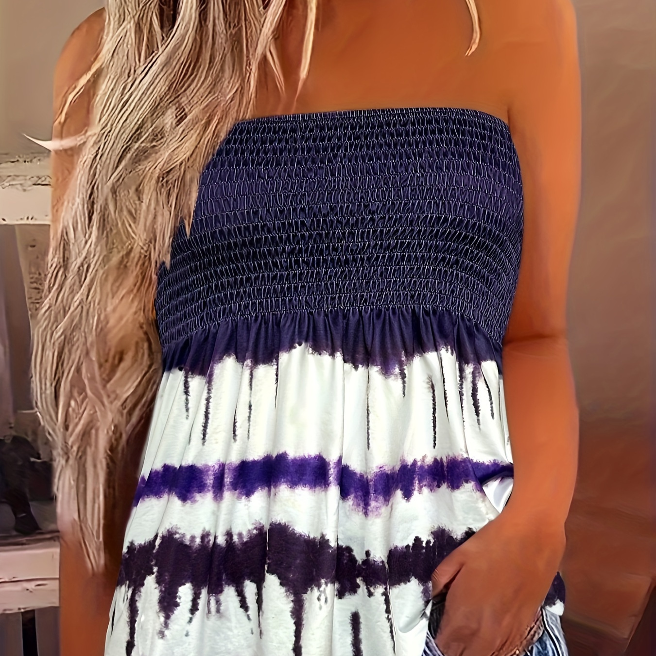 

Tie Dye Shirred Tube Top, Vacation Style Strapless Summer Top, Women's Clothing