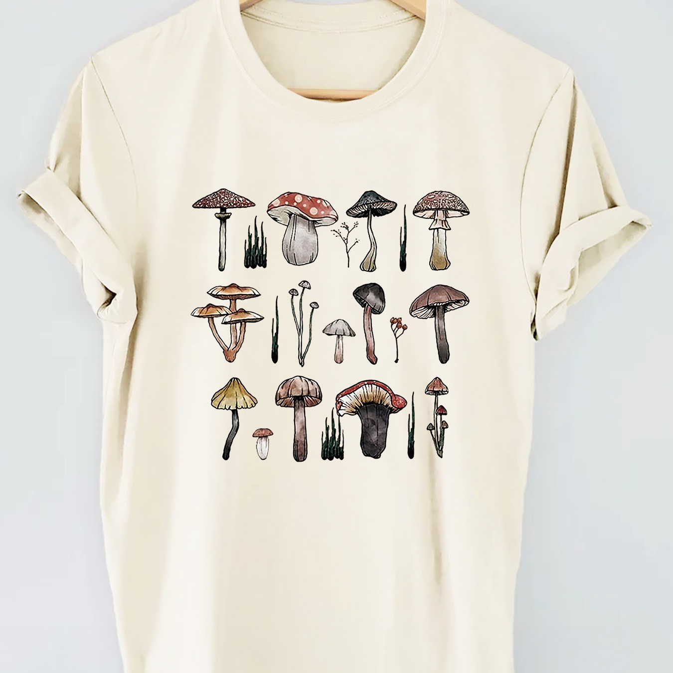 

Mushroom Graphic Print T-shirt, Short Sleeve Crew Neck Casual Top For Summer & Spring, Women's Clothing