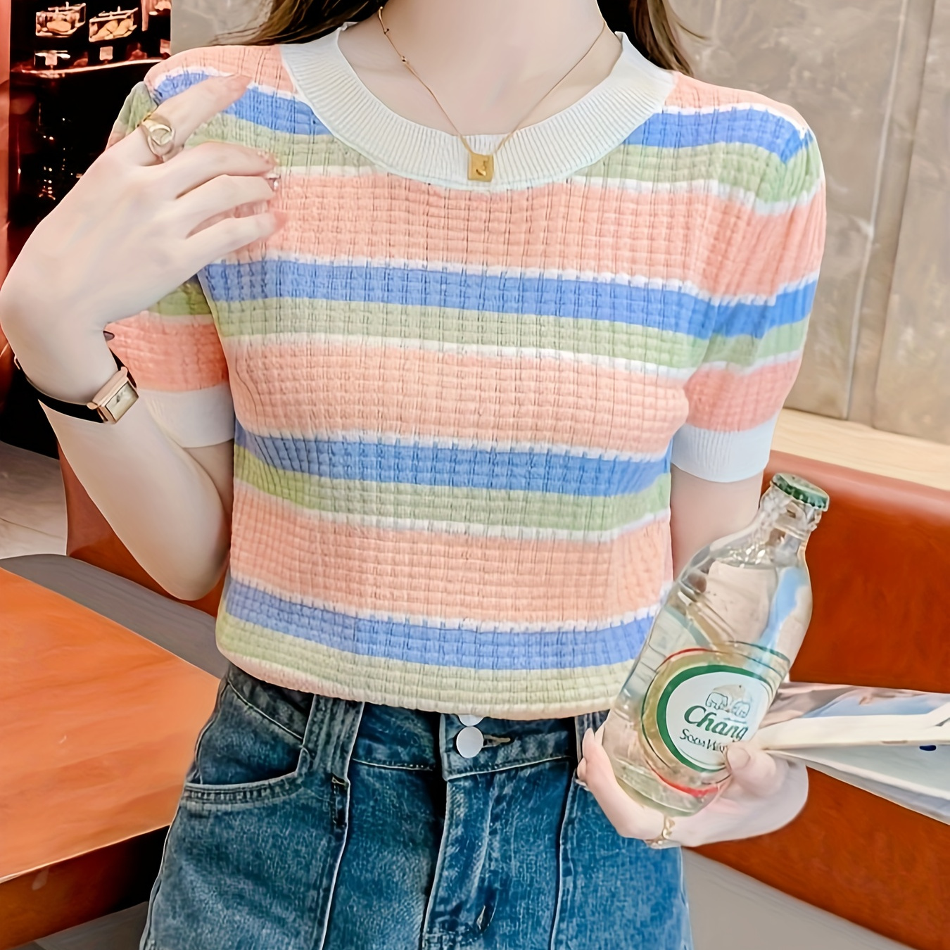 

Striped Pattern Crew Neck Sweater, Versatile Short Sleeve Simple Loose Knitted Top, Women's Clothing