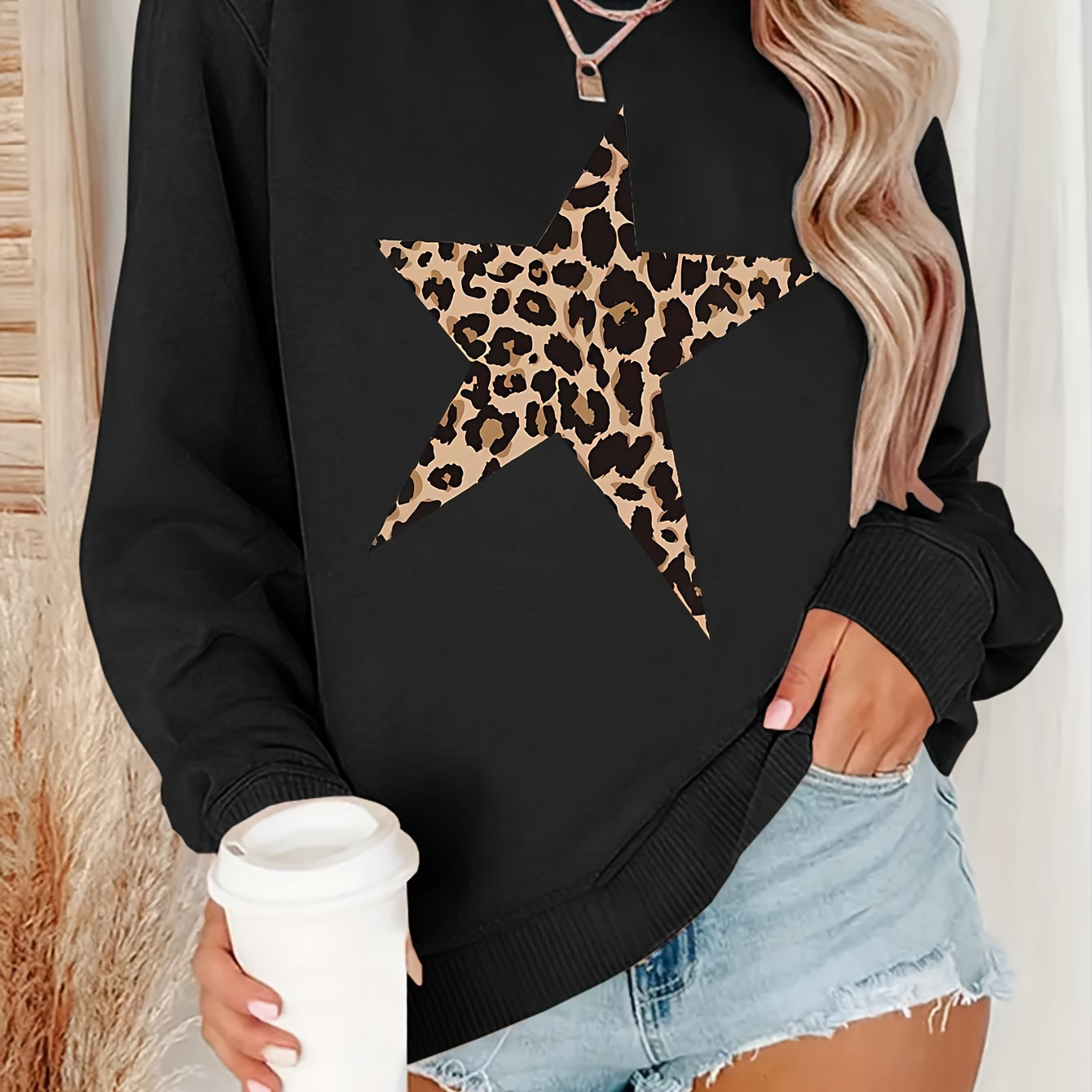 

Women's Casual Crew Neck Sweatshirt With Leopard - 100% Polyester Knit Fabric, Fall/ Top