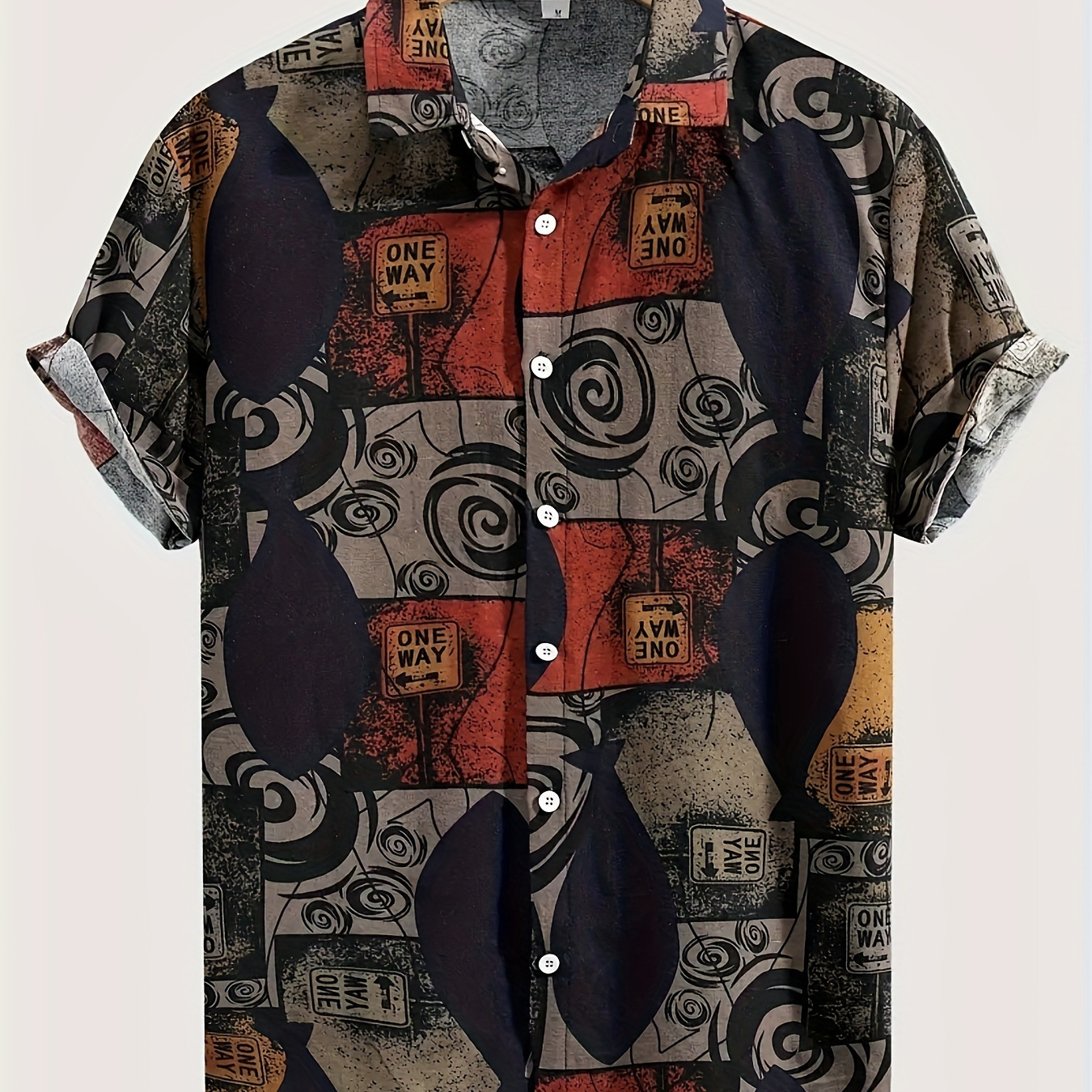 

Men's Color- Geometric Print Shirt, A Casual Short-sleeve Button-up , Outdoor Activities In Summer.