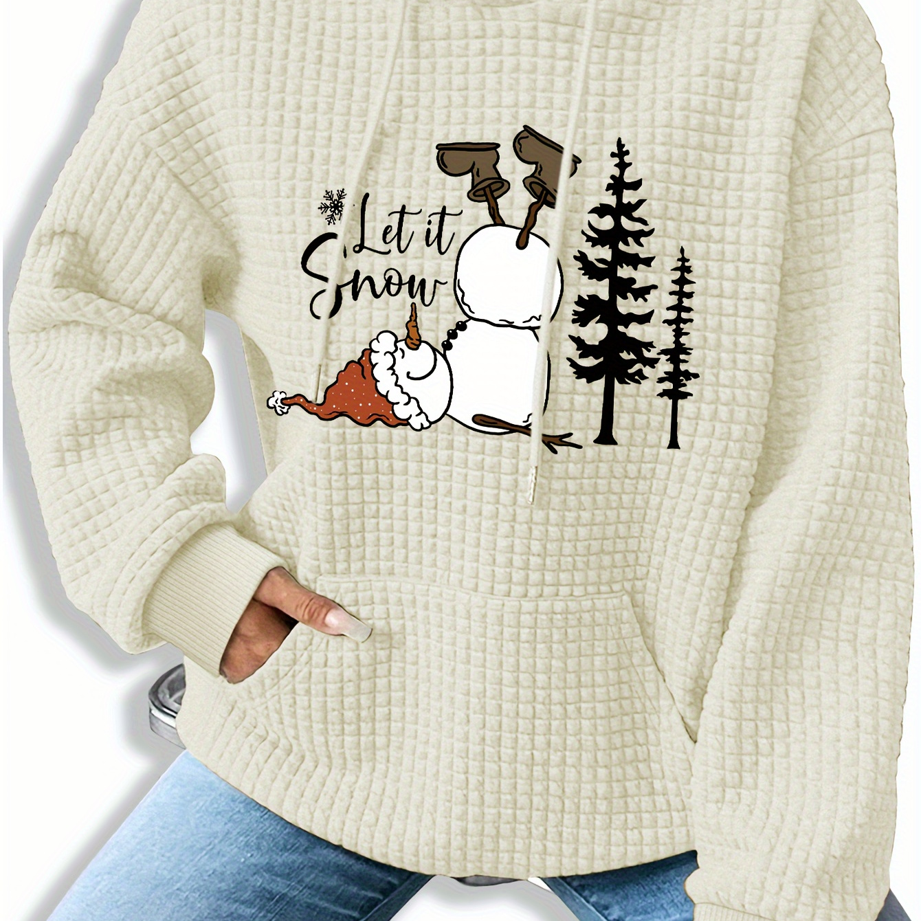 

Cozy Waffle-knit Hoodie With Christmas Graphic - Casual Long Sleeve Pullover For Women, Machine Washable