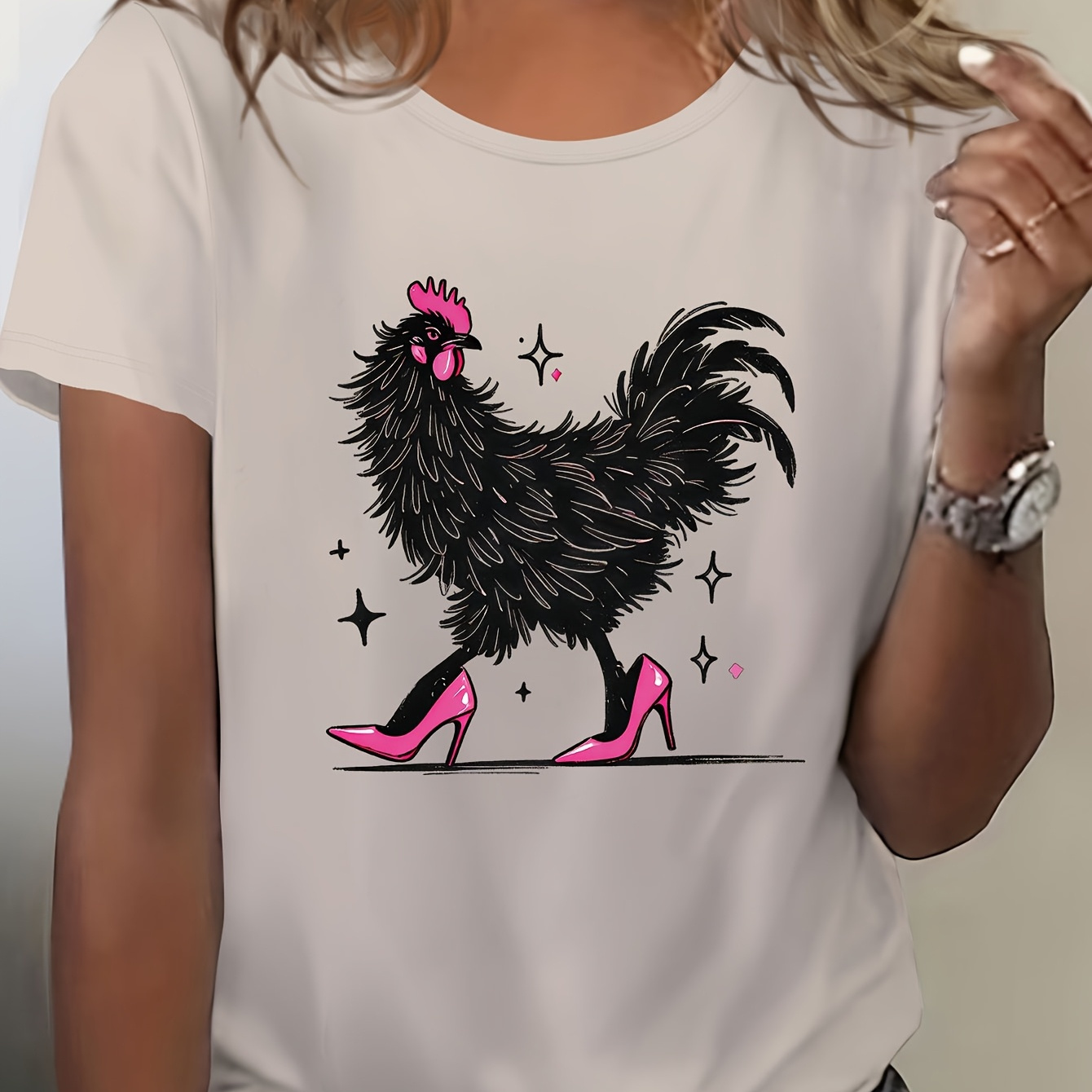 

Women's Chic Rooster Graphic T-shirt, Short Sleeve Crew Neck Casual Top, 95% Polyester 5% Spandex Knit Fabric, Medium Stretch, Wear, Applique Detail, Regular Fit - Summer & Spring Fashion