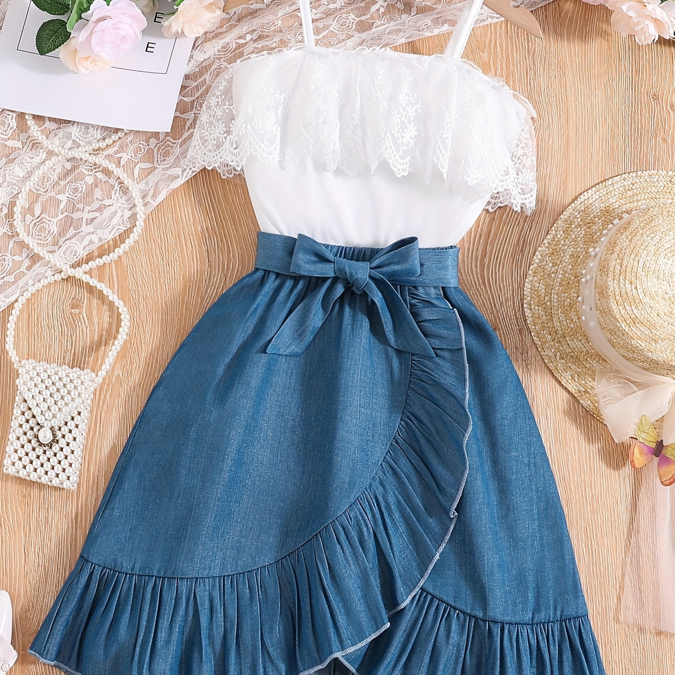 

Girls Elegant Outfit Skirt + Lace Splicing Suspender Top Two-piece Set