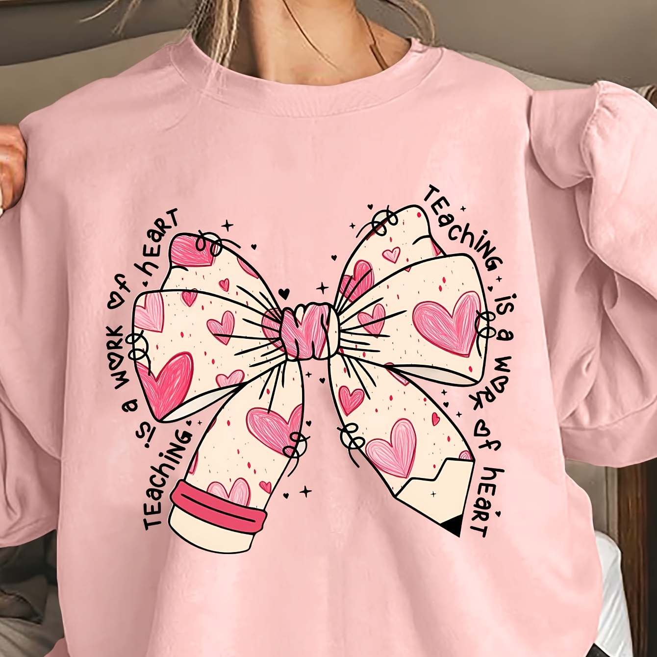 

Plus Size Teacher's Valentine's Day Sweatshirt - Cozy Neck With Heart Bow & , Casual Letter Print, Fall & Winter, Women's Plus Size Clothing