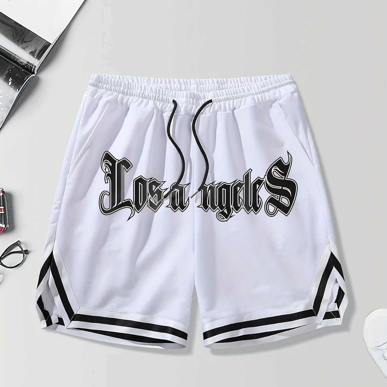 

Men's "los Angeles" Letter Print Sports Shorts With Drawstring And Pockets, Chic And Stylish Shorts For Summer Basketball And Outdoors Sports Wear