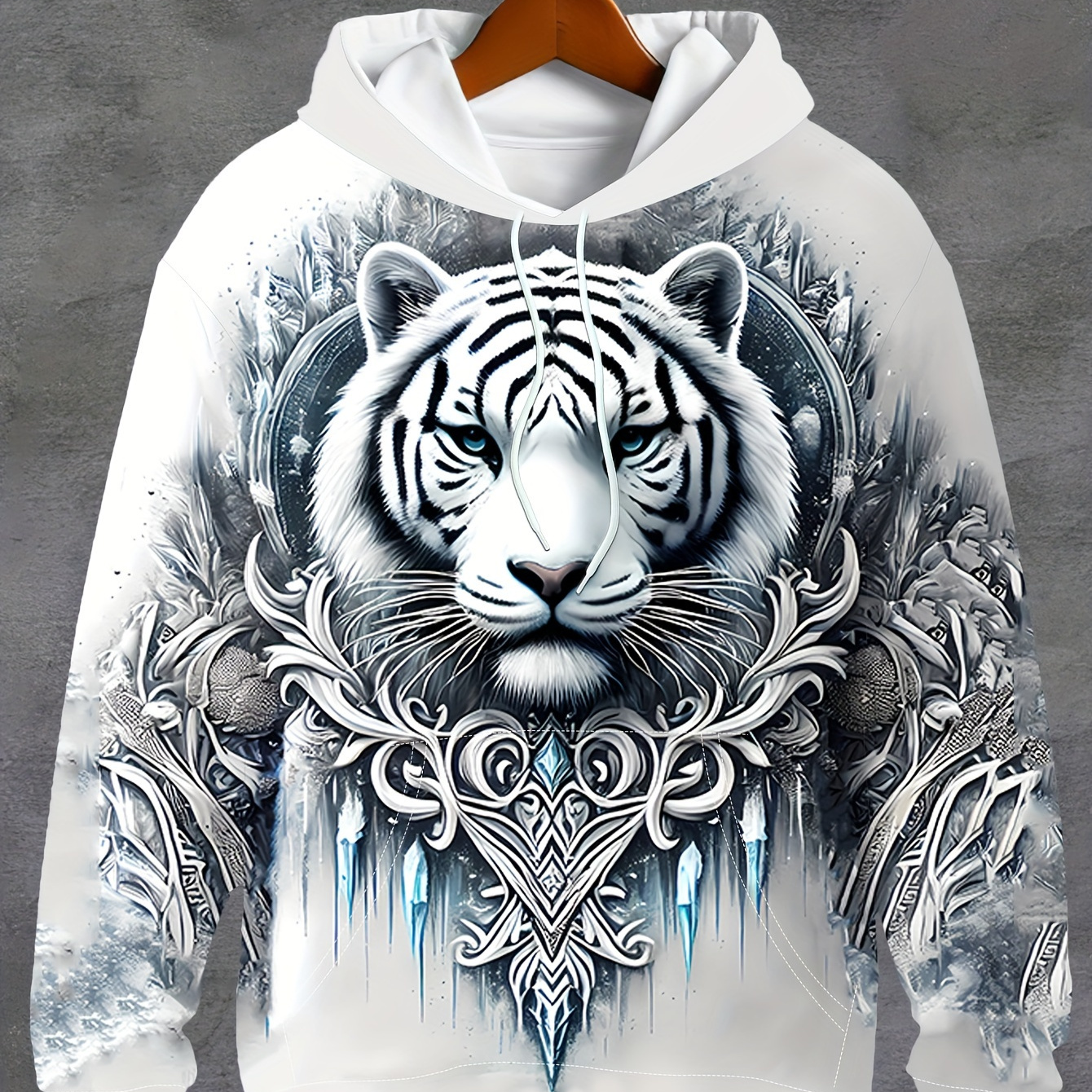 

Men's 3d Tiger And Jacquard Print Hooded Sweatshirt With Kangaroo Pocket, Spring And Fall Sports Fashion Hoodie For Male